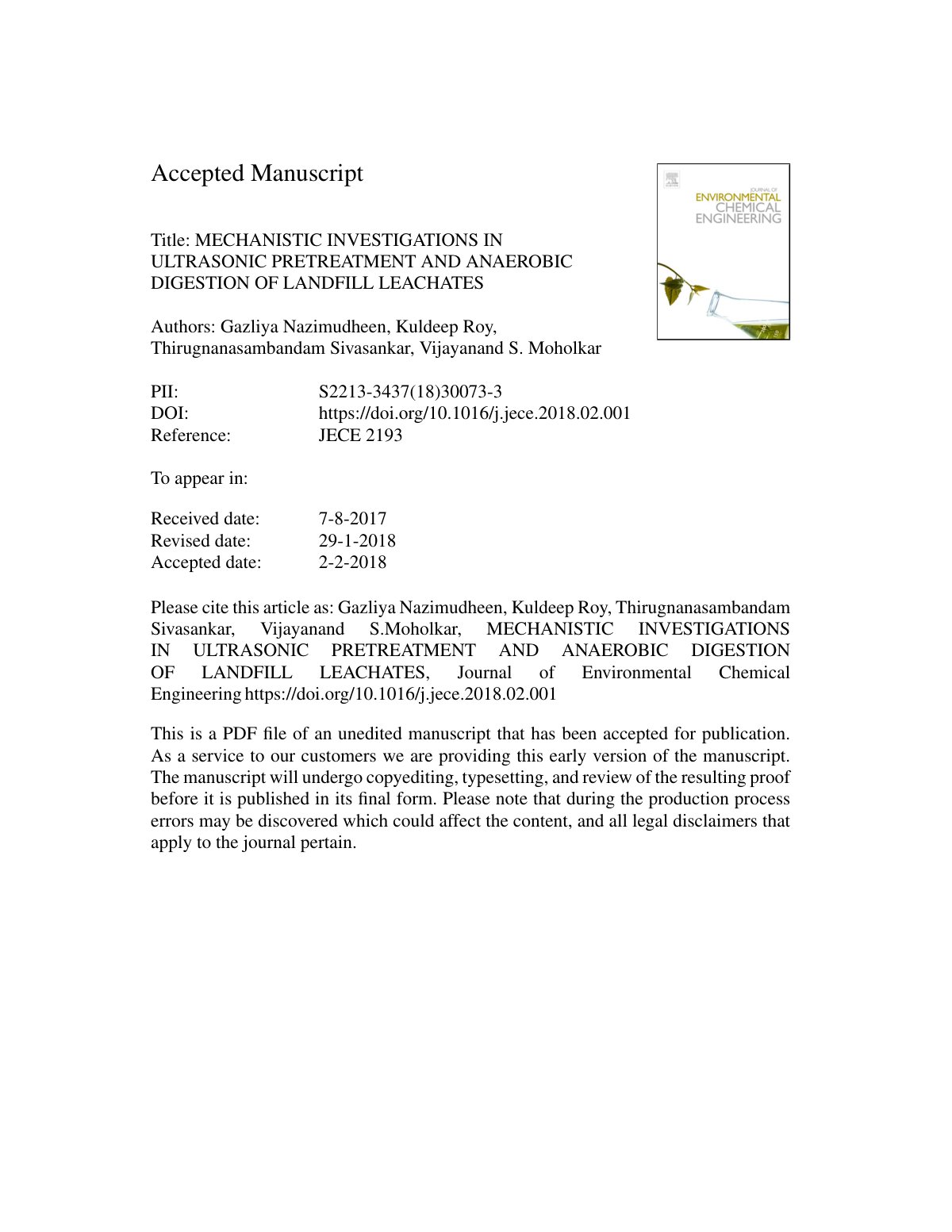 First page of MECHANISTIC INVESTIGATIONS IN ULTRASONIC PRETREATMENT AND ANAEROBIC DIGESTION OF LANDFILL LEACHATES