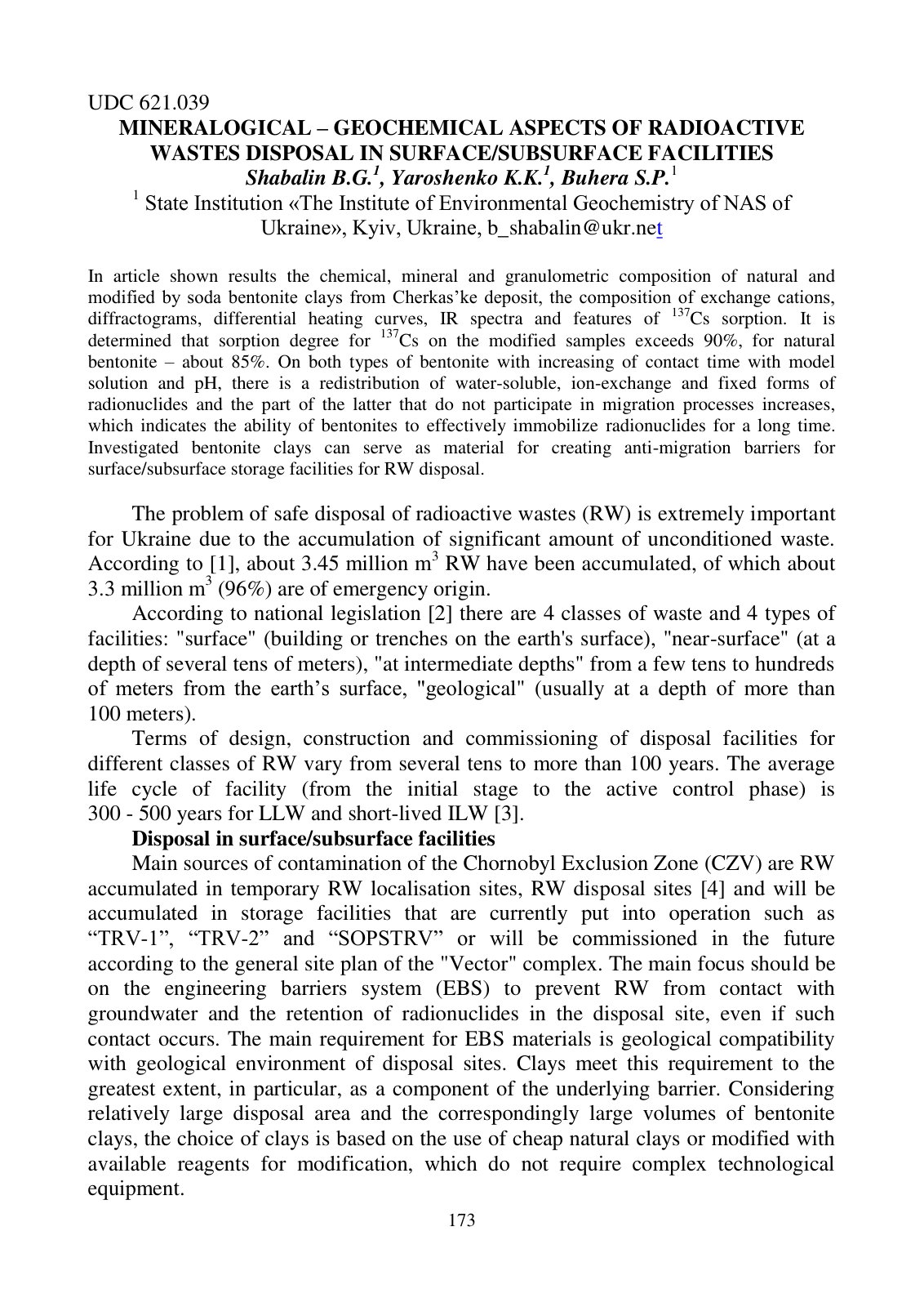 First page of MINERALOGICAL – GEOCHEMICAL ASPECTS OF RADIOACTIVE WASTES DISPOSAL IN SURFACE/SUBSURFACE FACILITIES