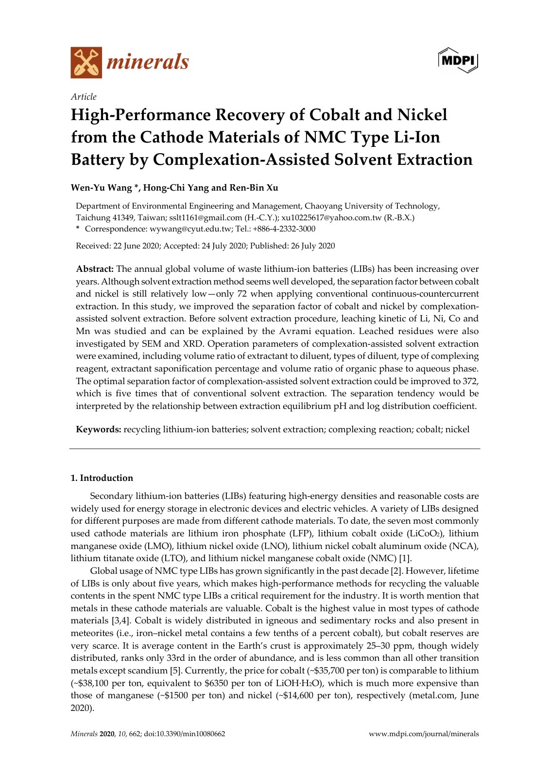 First page of High-Performance Recovery of Cobalt and Nickel from the Cathode Materials of NMC Type Li-Ion Battery by Complexation-Assisted Solvent Extraction