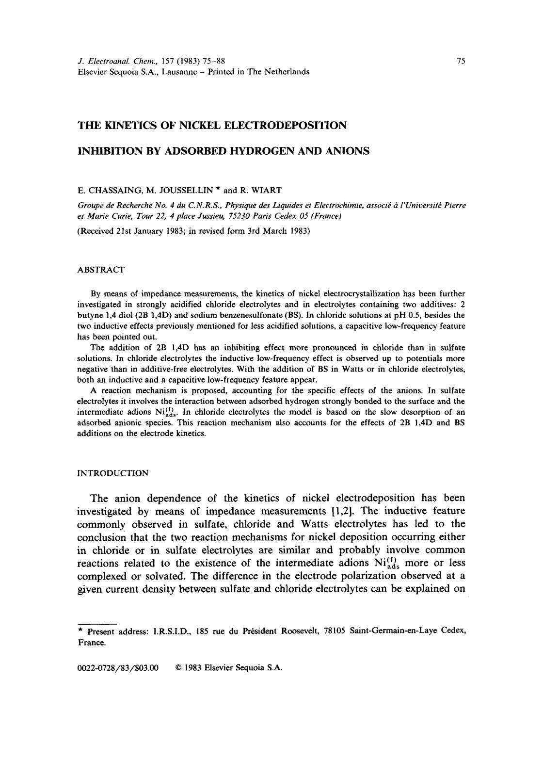 First page of THE KINETICS OF NICKEL ELECTRODEPOSITION INHIBITION BY ADSORBED HYDROGEN AND ANIONS