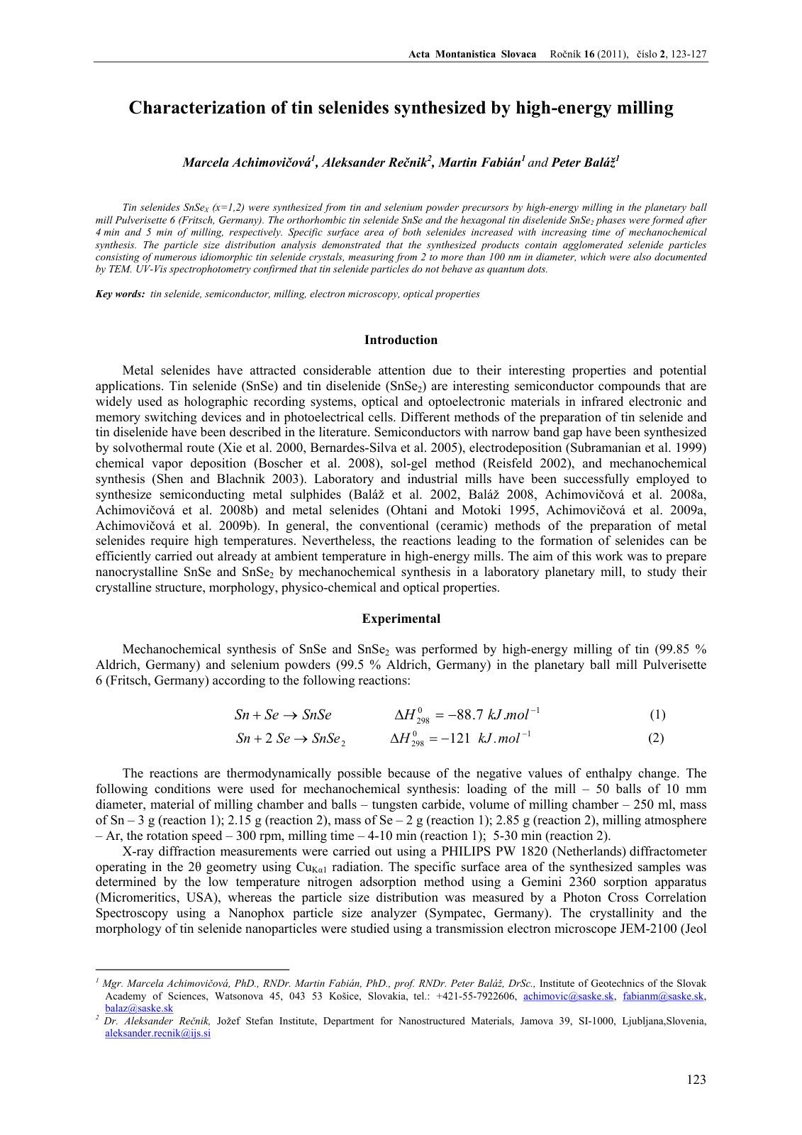 First page of Characterization of tin selenides synthesized by high-energy milling