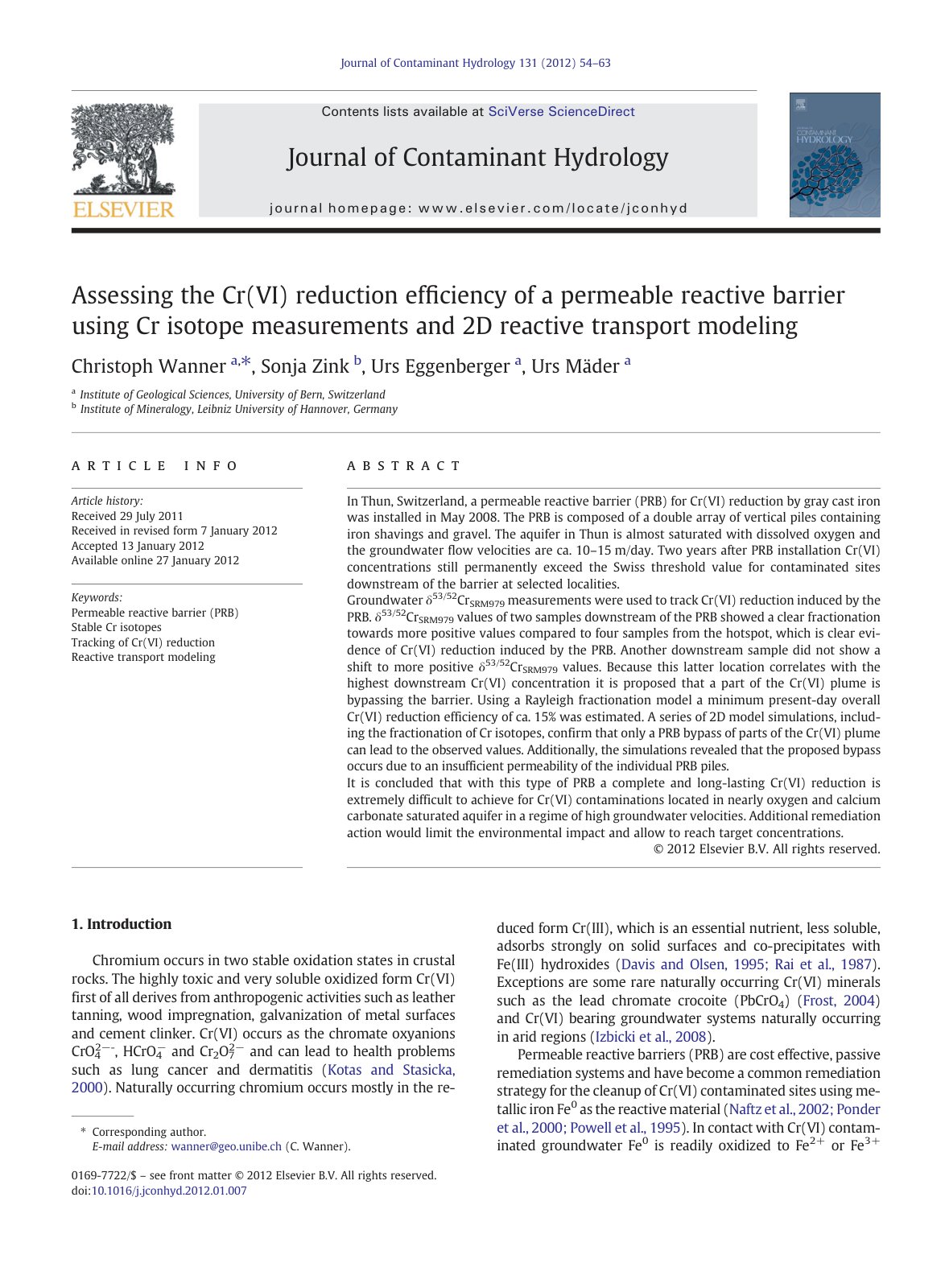 First page of Assessing the Cr(VI) reduction efﬁciency of a permeable reactive barrier using Cr isotope measurements and 2D reactive transport modeling