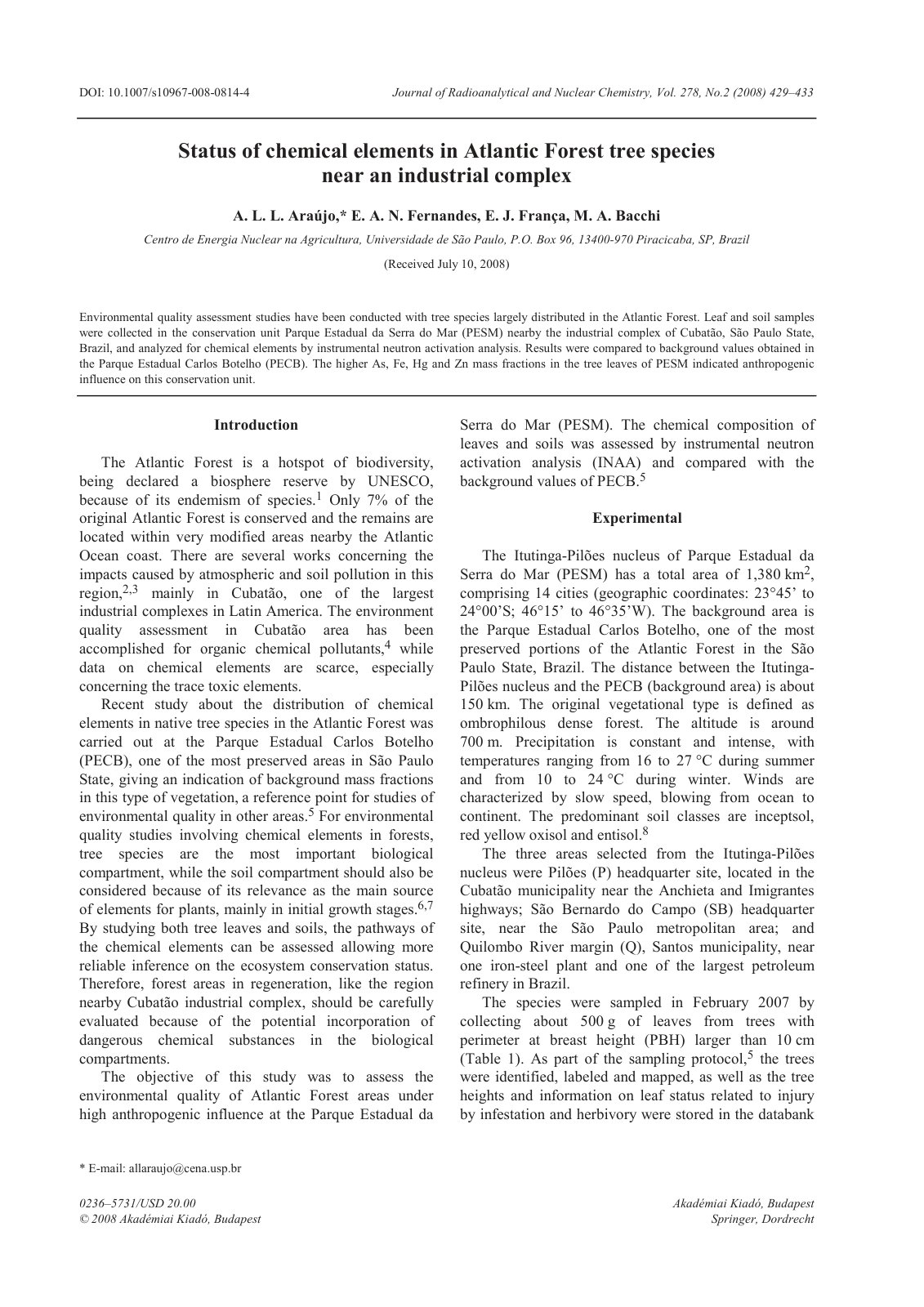 First page of Status of chemical elements in Atlantic Forest tree species near an industrial complex