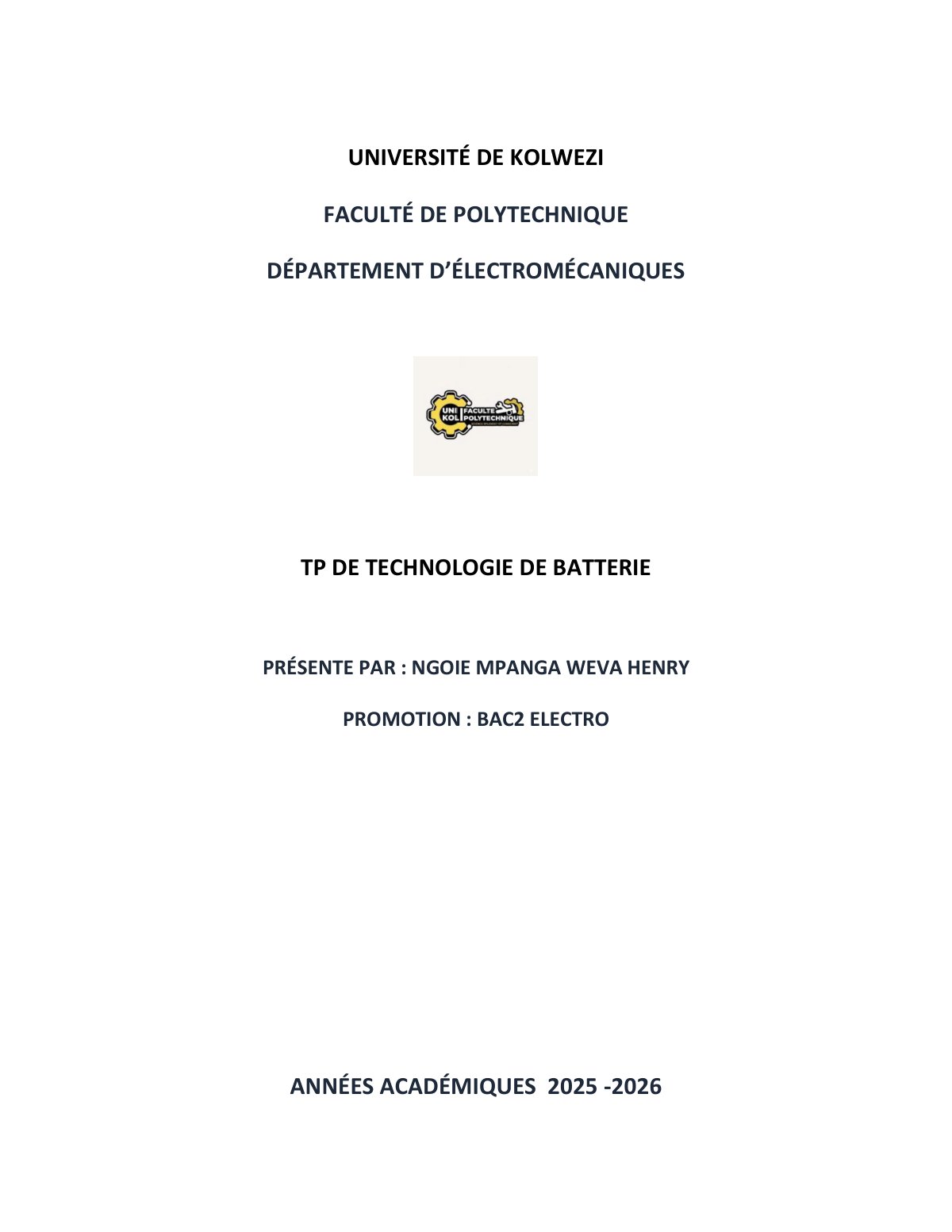 First page of TP DE TECHNOLOGIE DE BATTERIE