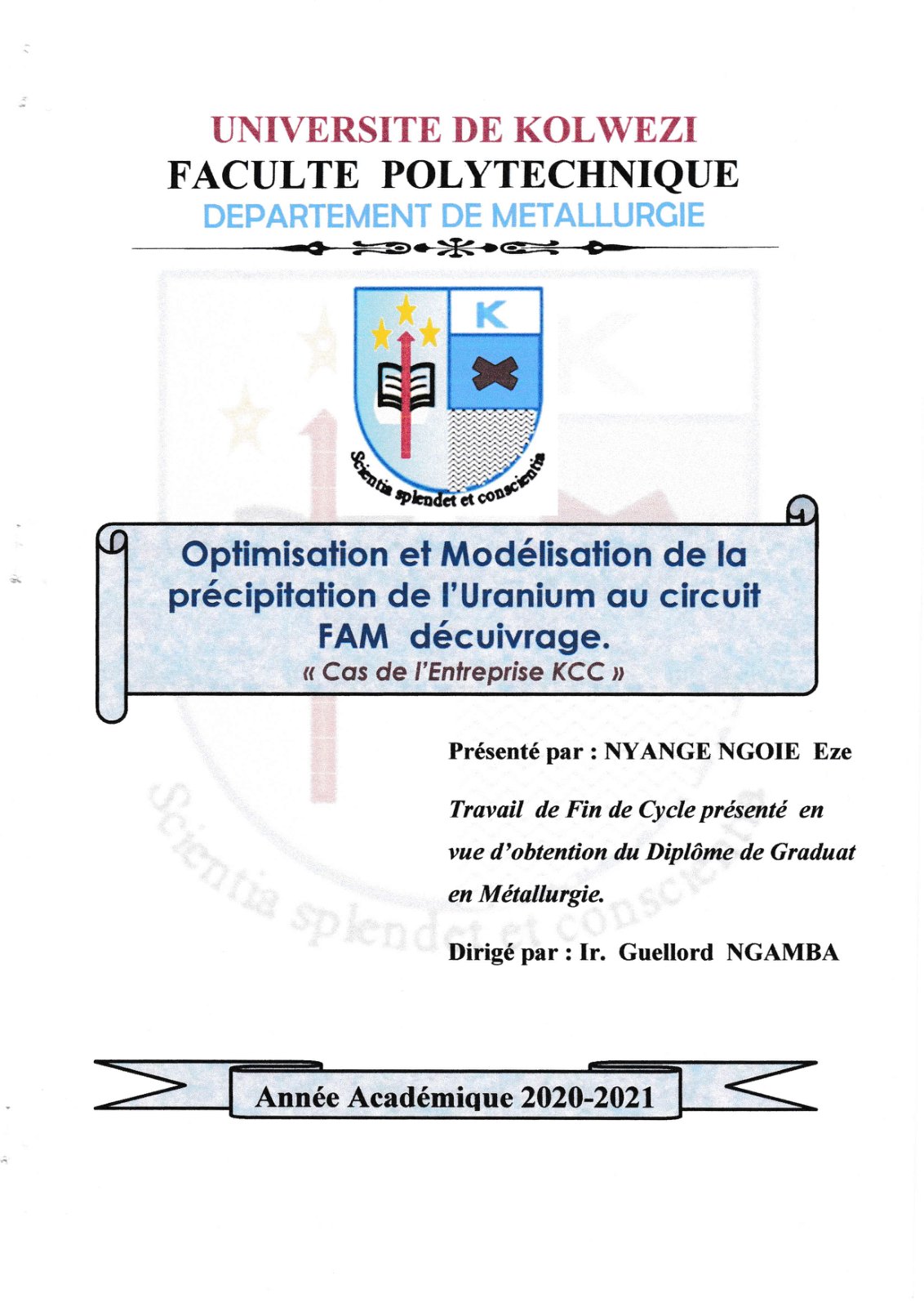 First page of Nyange Ngoie Eze   Optimisation rt modélisation de la précipitation de l'uranium au circuit FAM décuivrage   Cas de l'entreprise KCC