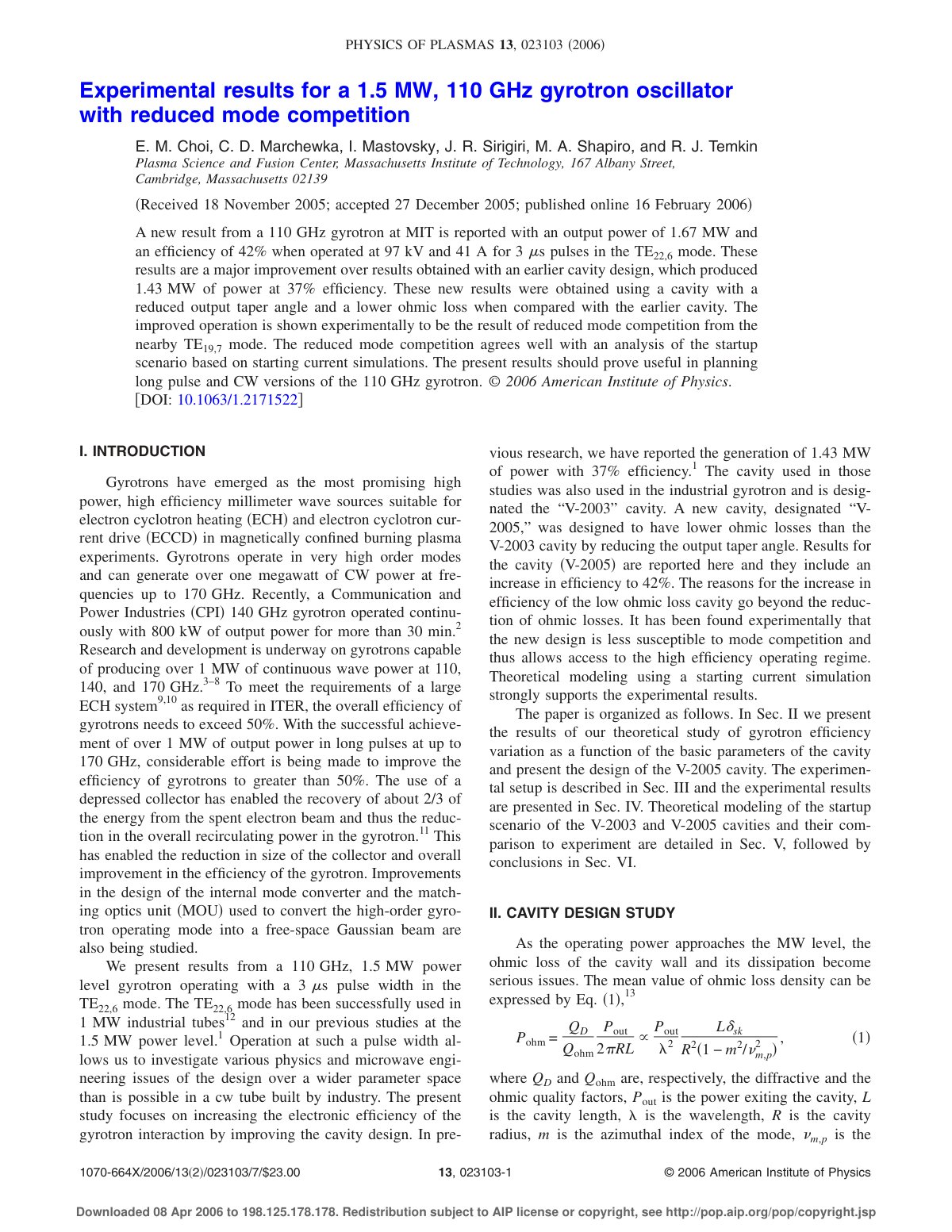 First page of Experimental results for a 1 5 MW 110 GH