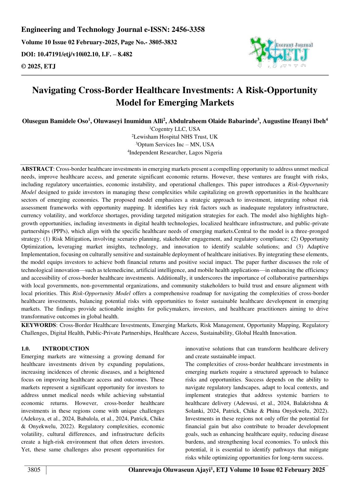 First page of Navigating Cross-Border Healthcare Investments: A Risk-Opportunity  Model for Emerging Markets  
