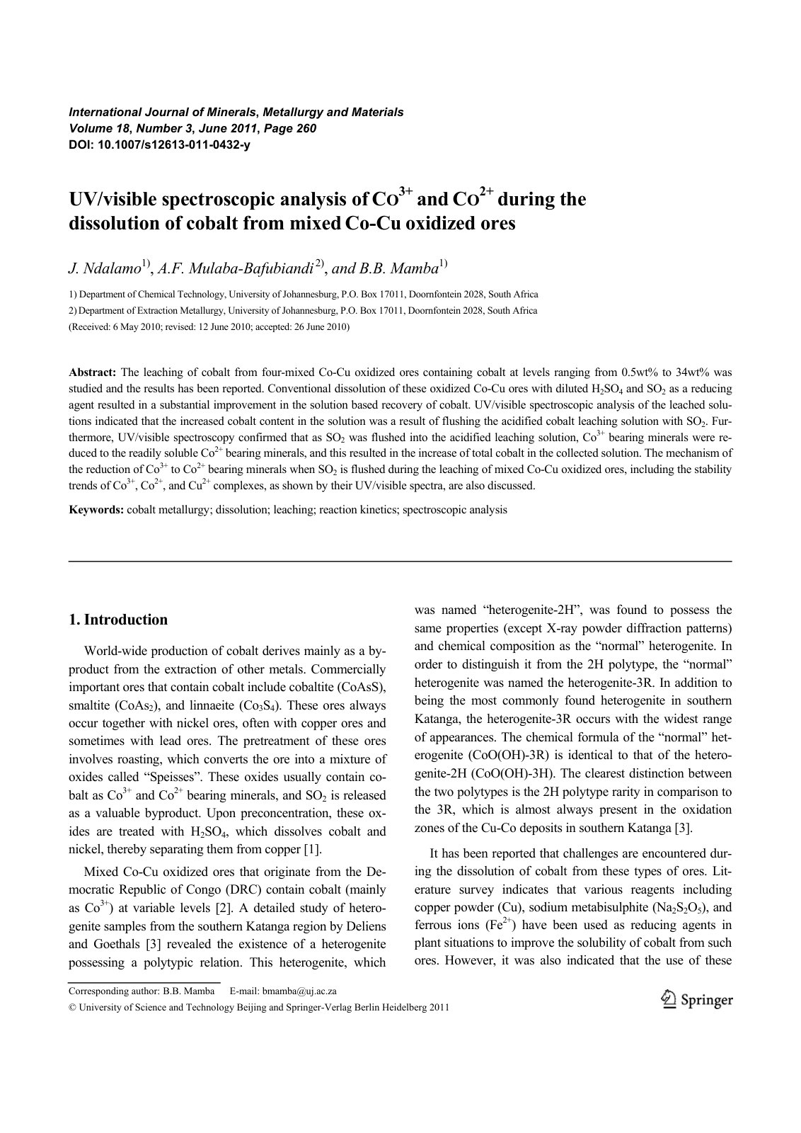 First page of UV visible spectroscopic analysis of CO3