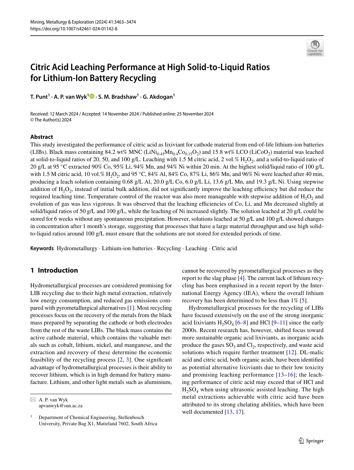 First page of 2024   Punt   High solids citric acid leaching of lithium ion batteries
