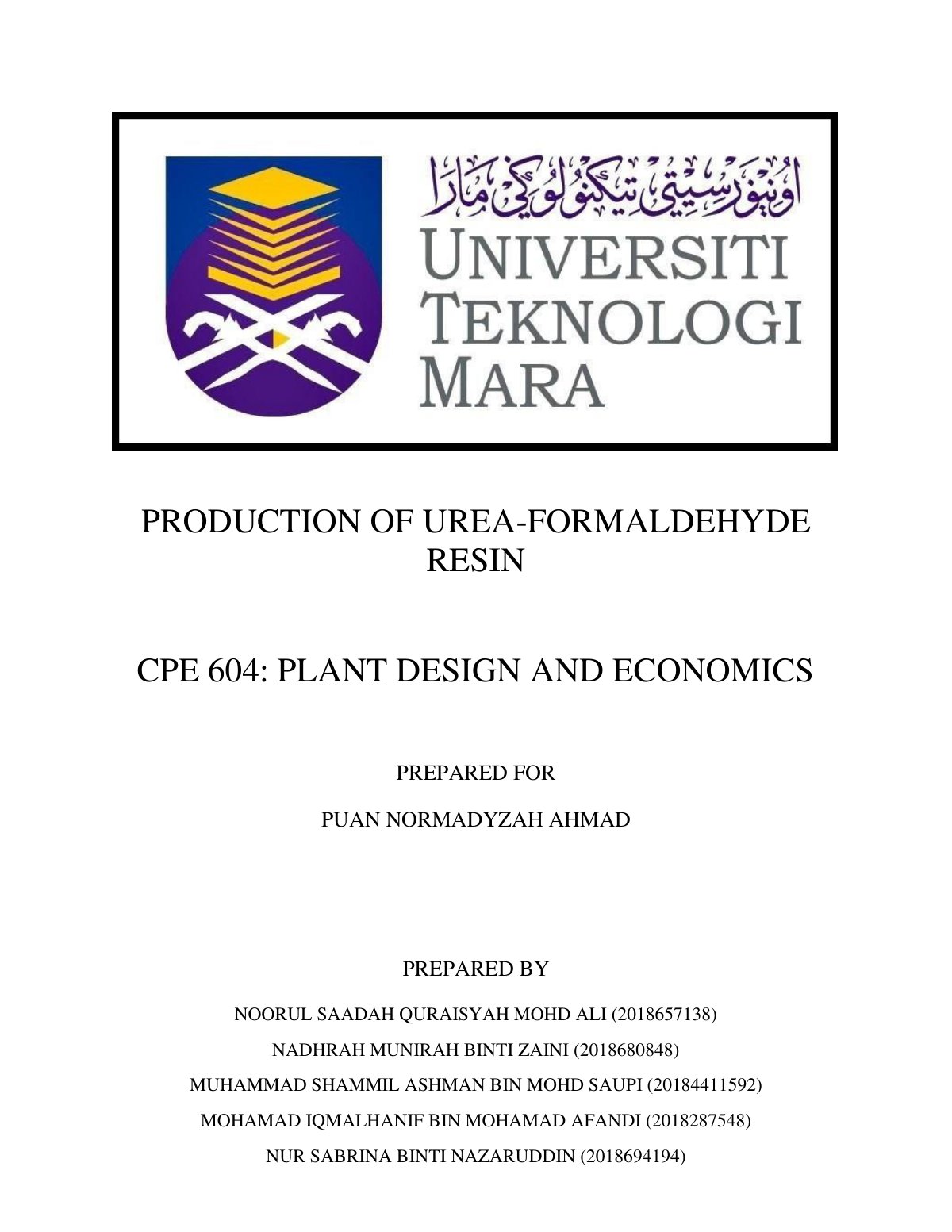 First page of Production of Urea Formaldehyde Resin