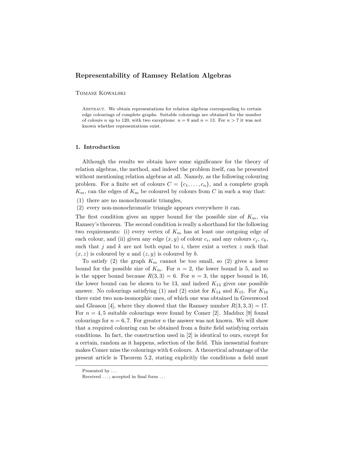 First page of Representability of Ramsey Relation Algebras