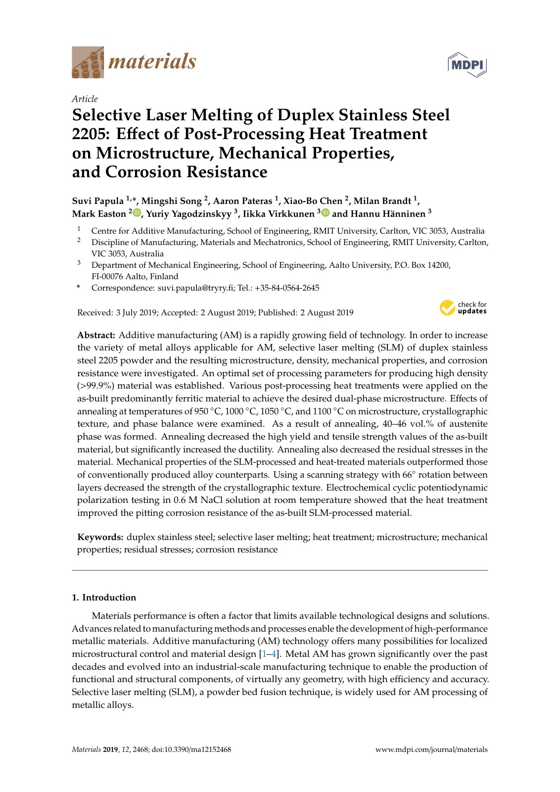 First page of Selective Laser Melting of Duplex Stainless Steel 2205: Effect of Post-Processing Heat Treatment on Microstructure, Mechanical Properties, and Corrosion Resistance