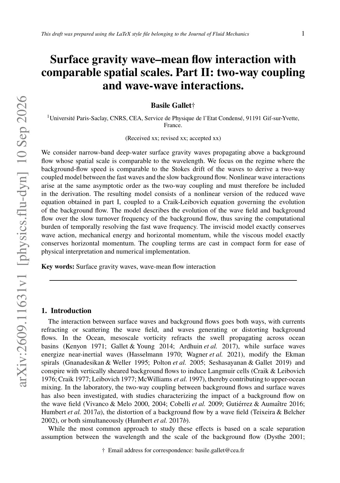 First page of 2026 Gallet Surface Gravity Wave Mean Flow