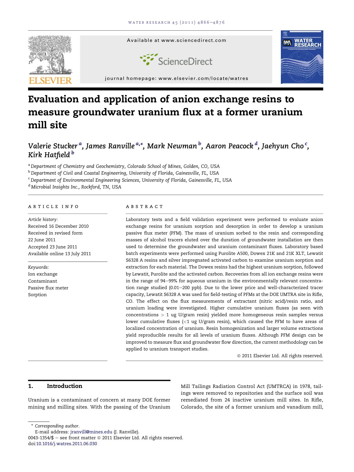 First page of Evaluation and application of anion exchange resins to measure groundwater uranium flux at a former uranium mill site