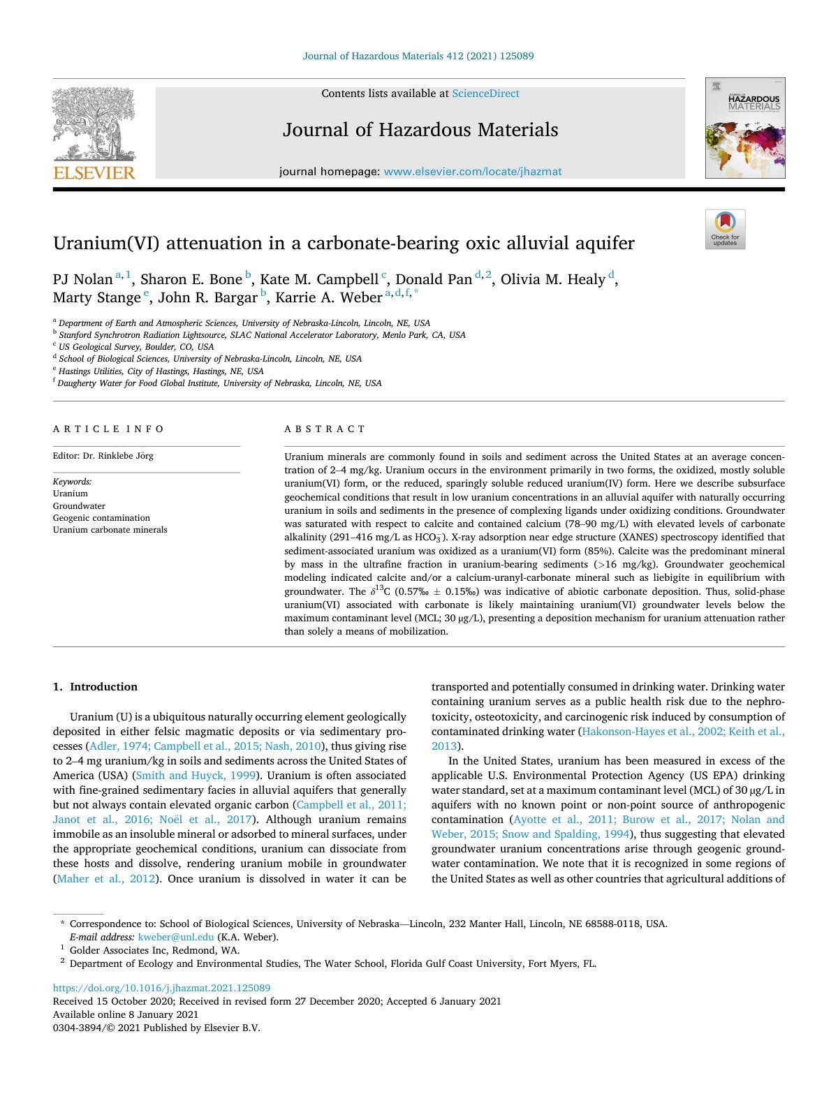 First page of Uranium(VI) attenuation in a carbonate-bearing oxic alluvial aquifer