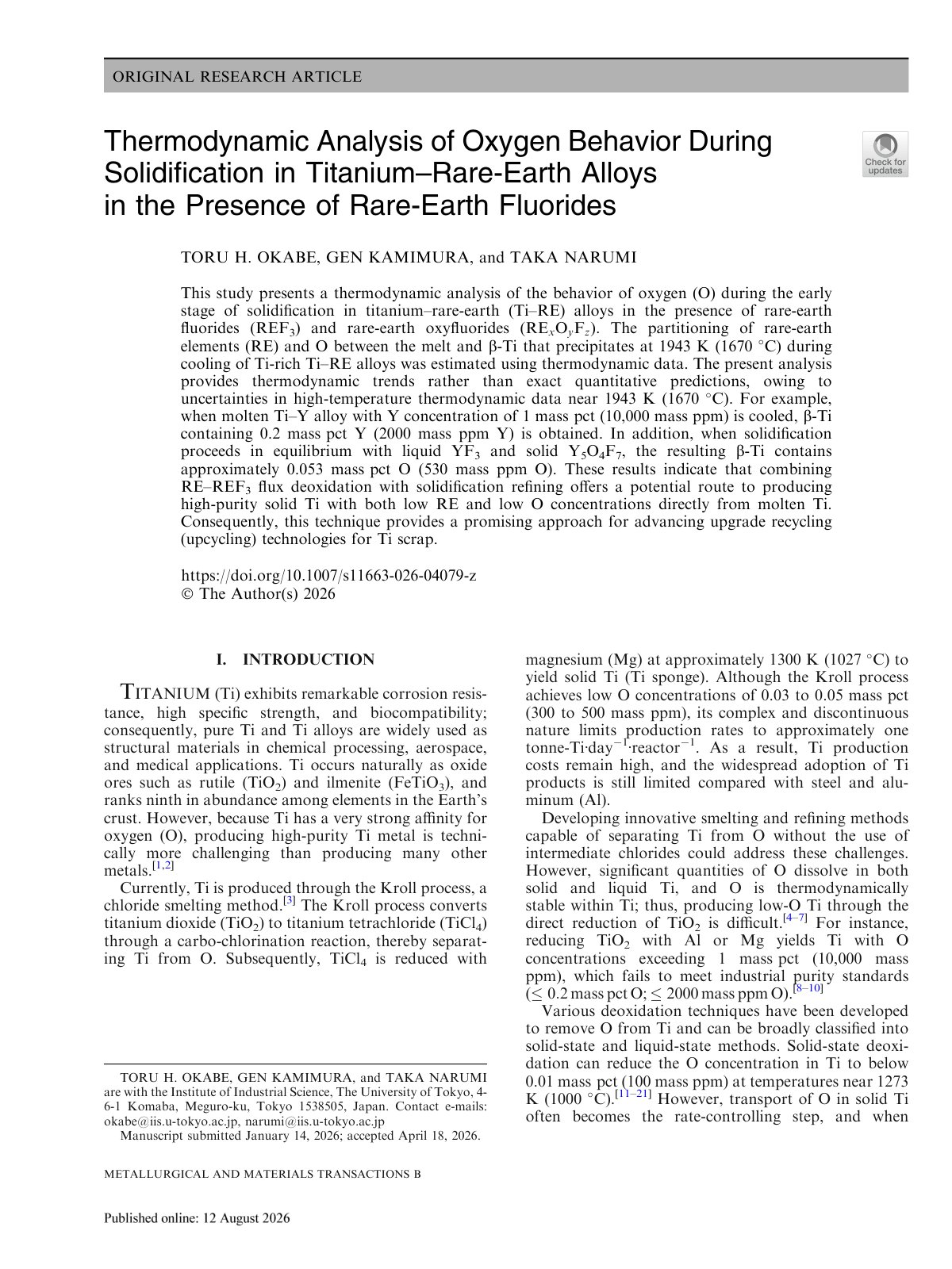 First page of 2026 Okabe Ti RE Oxygen Solidification