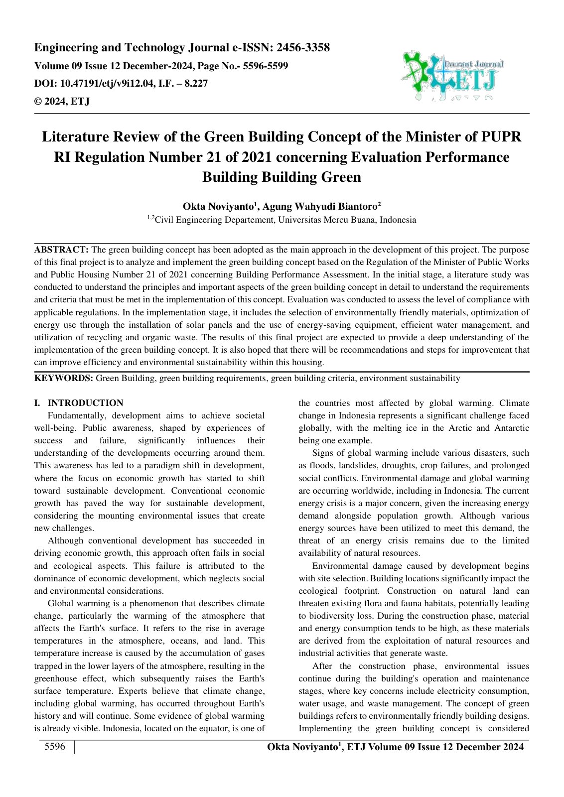 First page of Literature Review of the Green Building Concept of the Minister of PUPR  RI Regulation Number 21 of 2021 concerning Evaluation Performance  Building Building Green  
