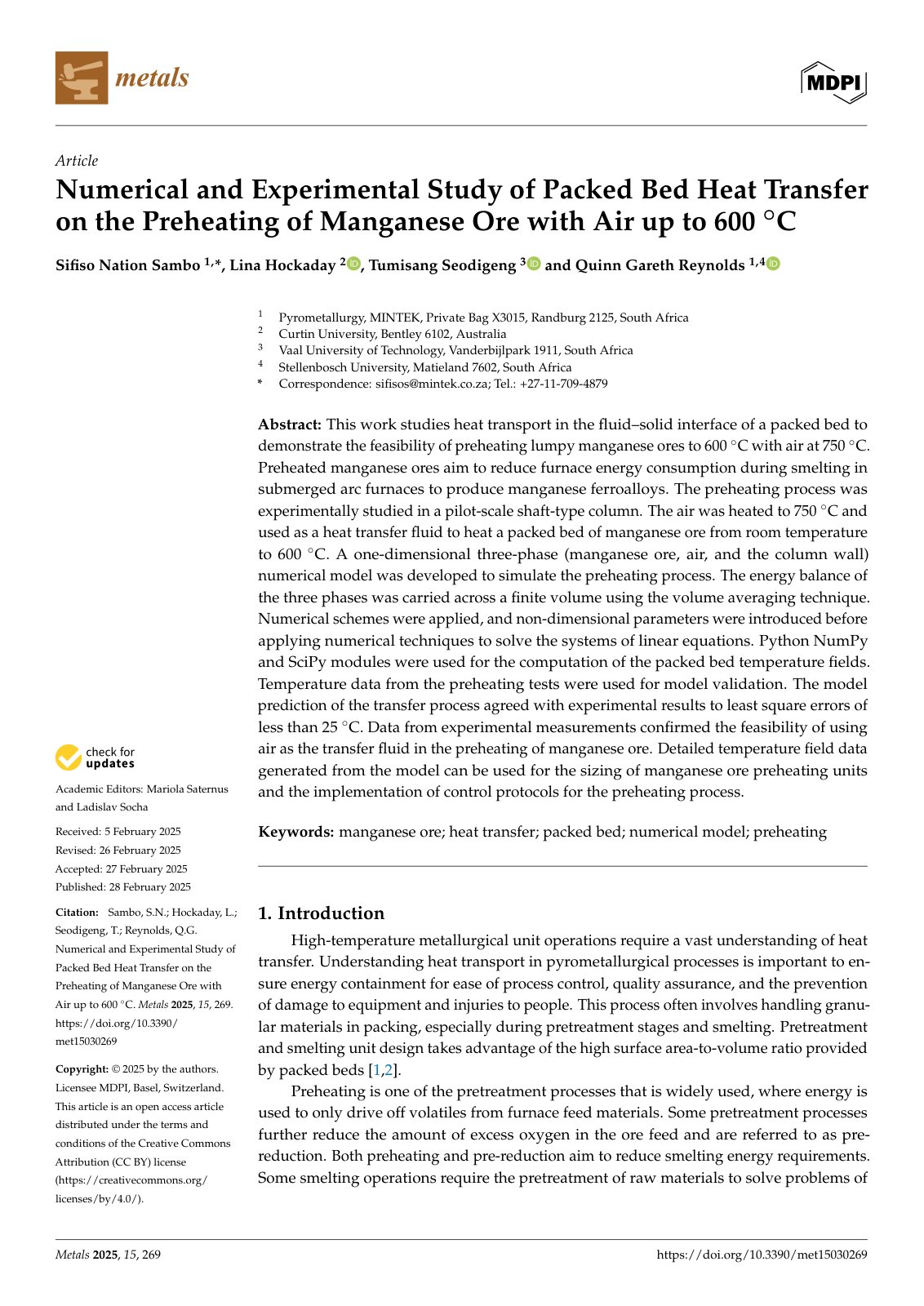 First page of 2025 Numerical Experimental Packed Bed Manganese Preheating