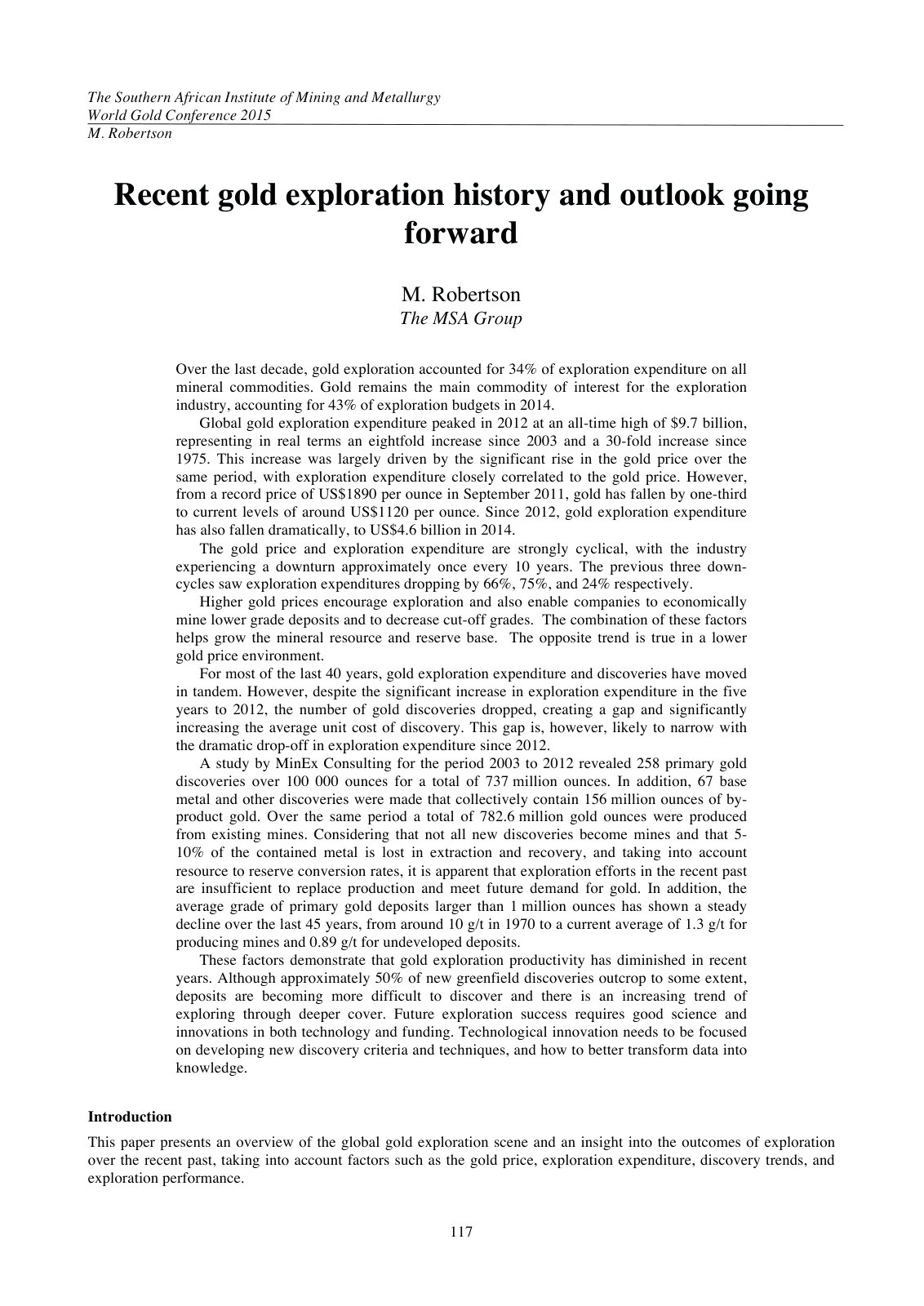 First page of Recent gold exploration history and outlook going forward