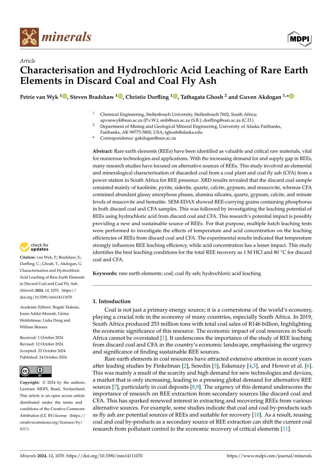 First page of 2024   van Wyk   Hydrochloric acid leaching of rare earths from coal ash