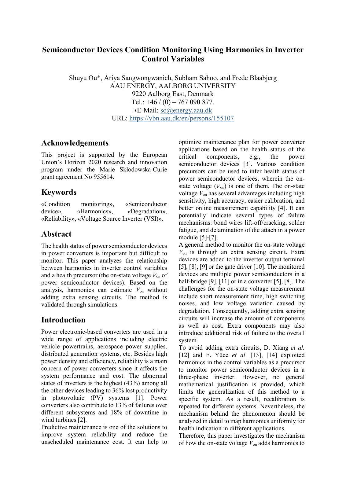 First page of Semiconductor Devices Condition Monitoring Using Harmonics in Inverter Control Variables