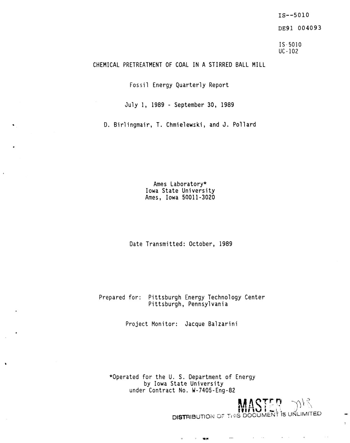 First page of Chemical Pretreatment of Coal in a Stirred Ball Mill