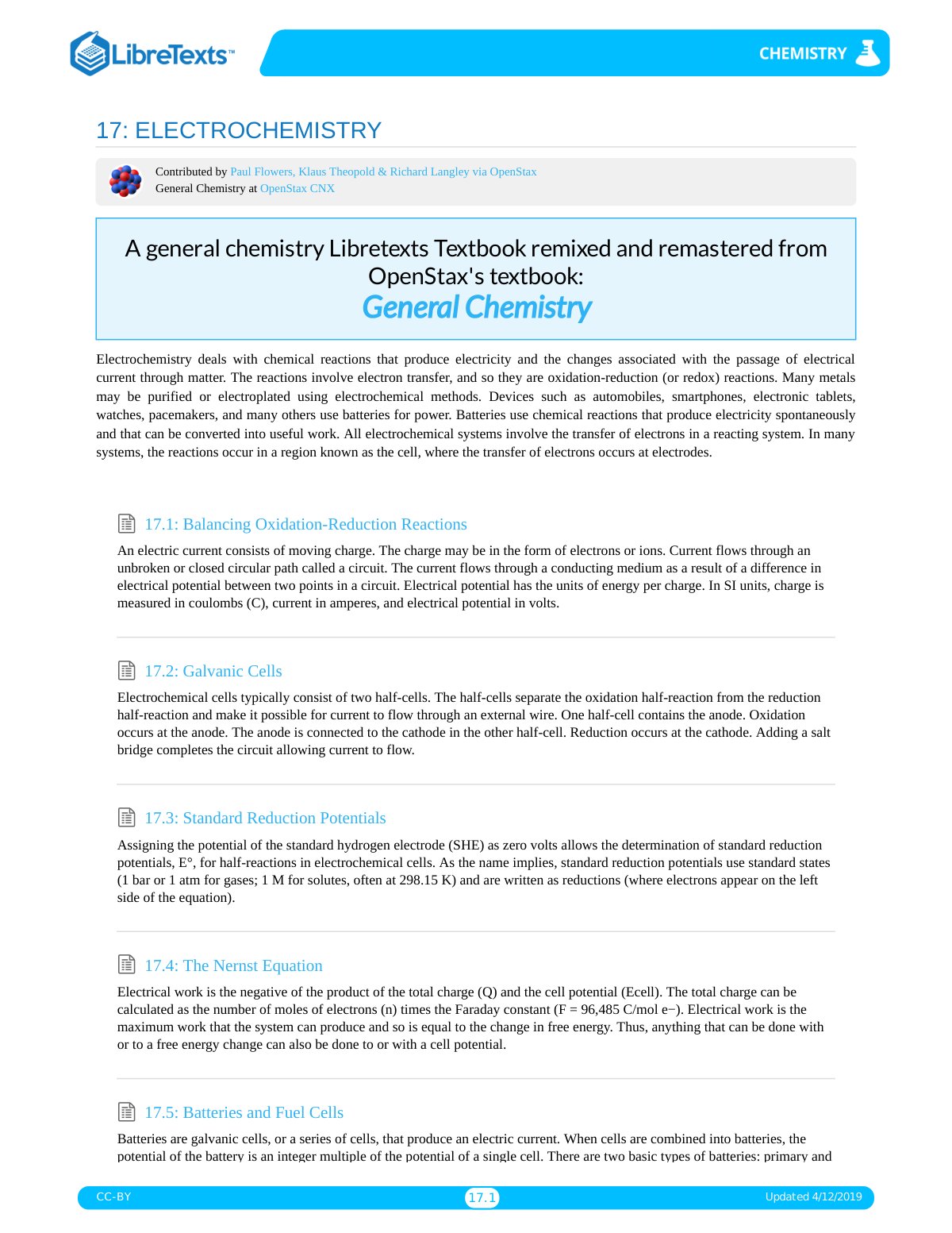 First page of LibreTexts  Louisville Collegiate School  Chapters  17  Electrochemistry