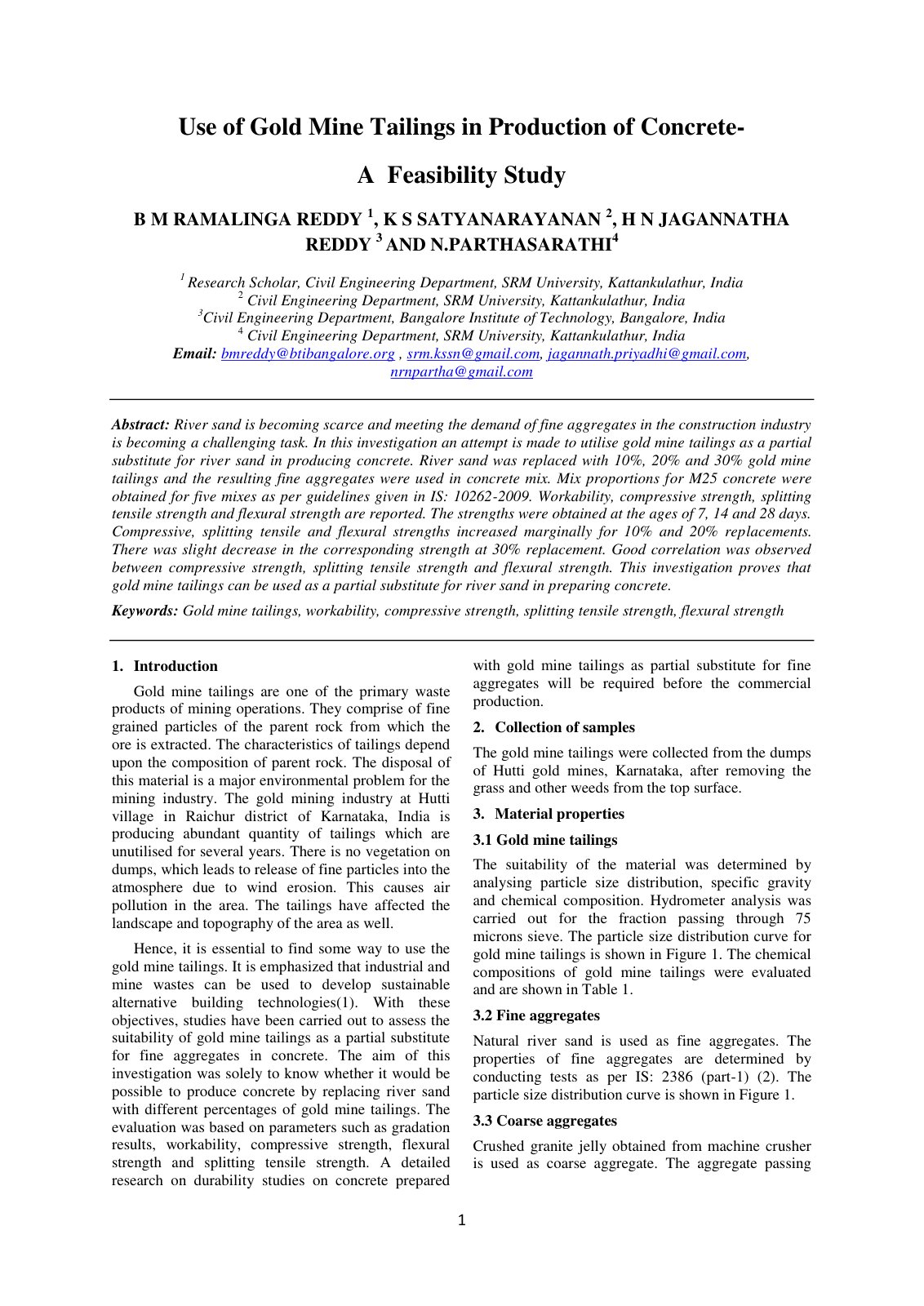 First page of Use of Gold Mine Tailings in Production of Concrete- A Feasibility Study