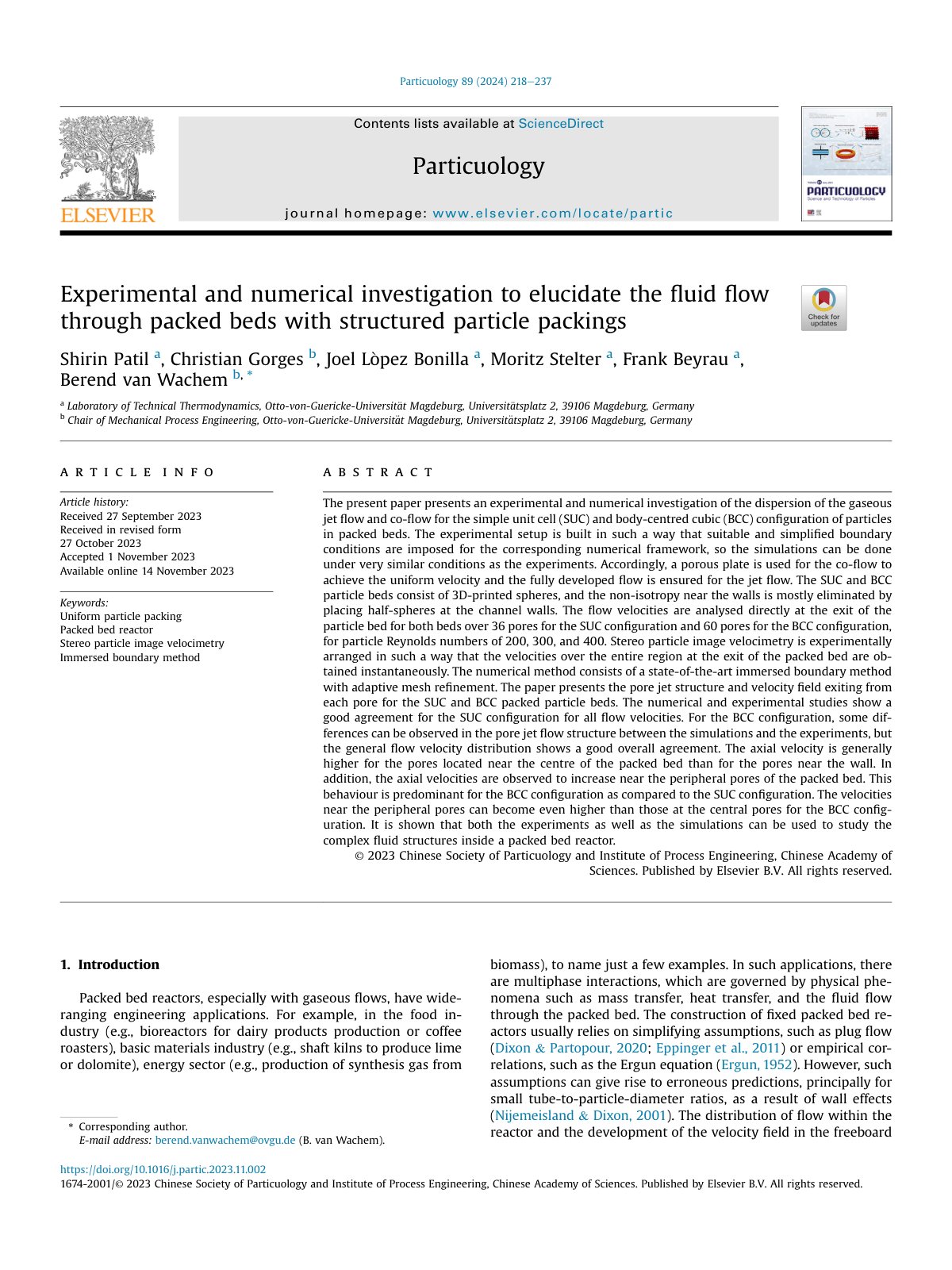 First page of Experimental and numerical investigation to elucidate the fluid flow through packed beds with structured particle packings