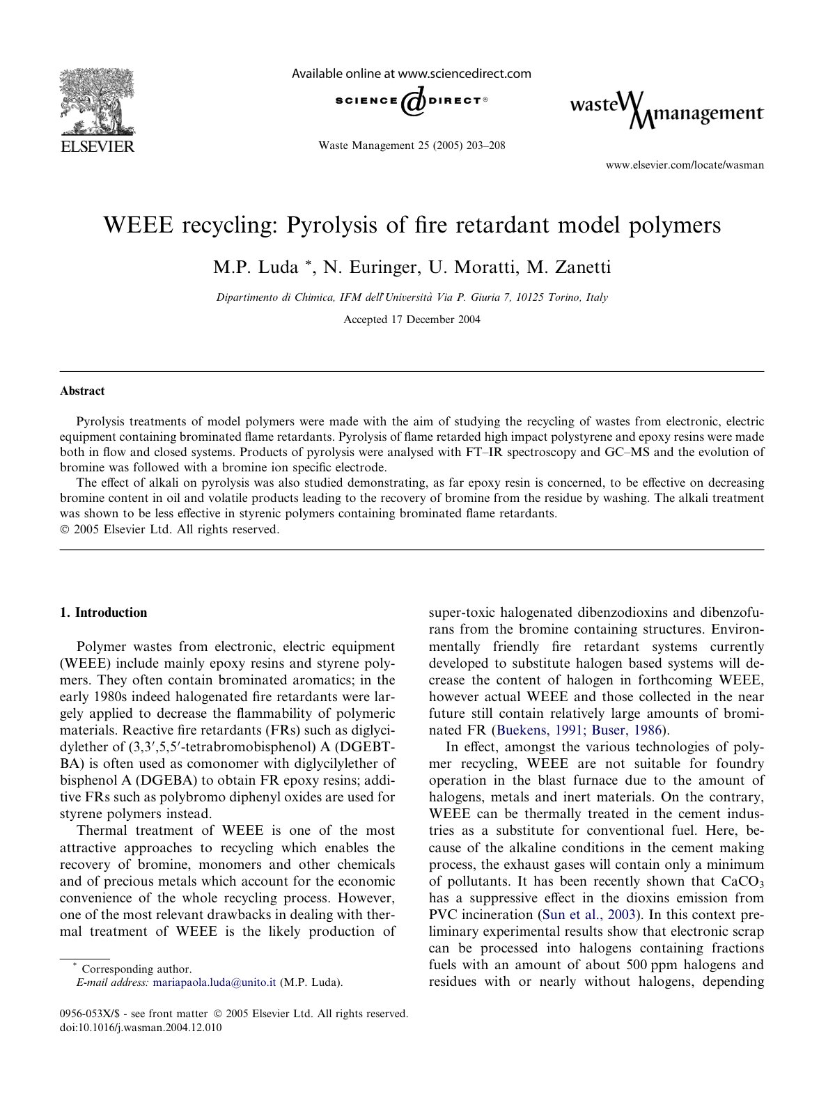First page of WEEE recycling  Pyrolysis of fire retardant model polym 2005 Waste Managemen