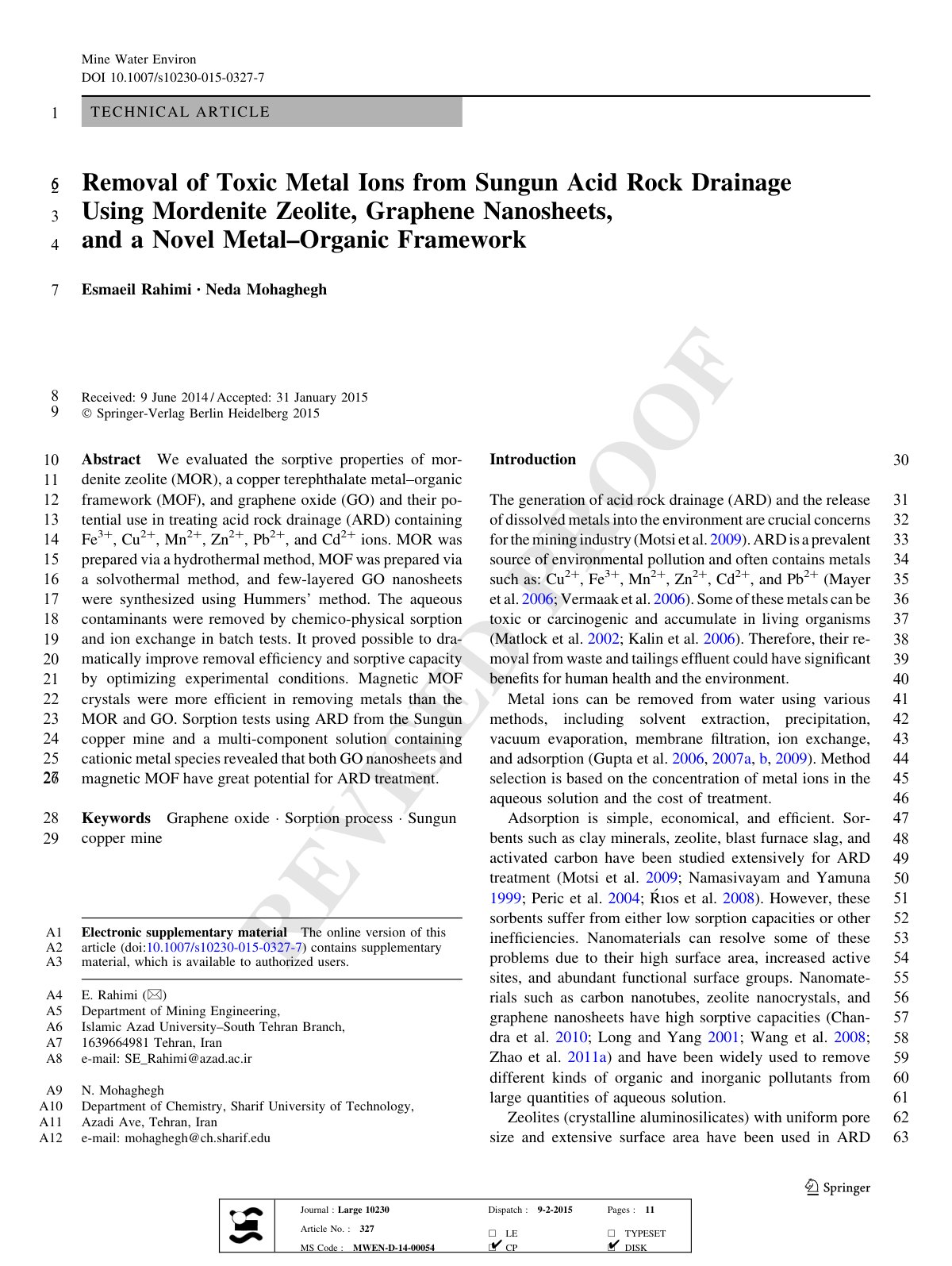 First page of Removal of Toxic Metal Ions from Sungun Acid Rock Drainage Using Mordenite Zeolite, Graphene Nanosheets, and a Novel Metal–Organic Framework