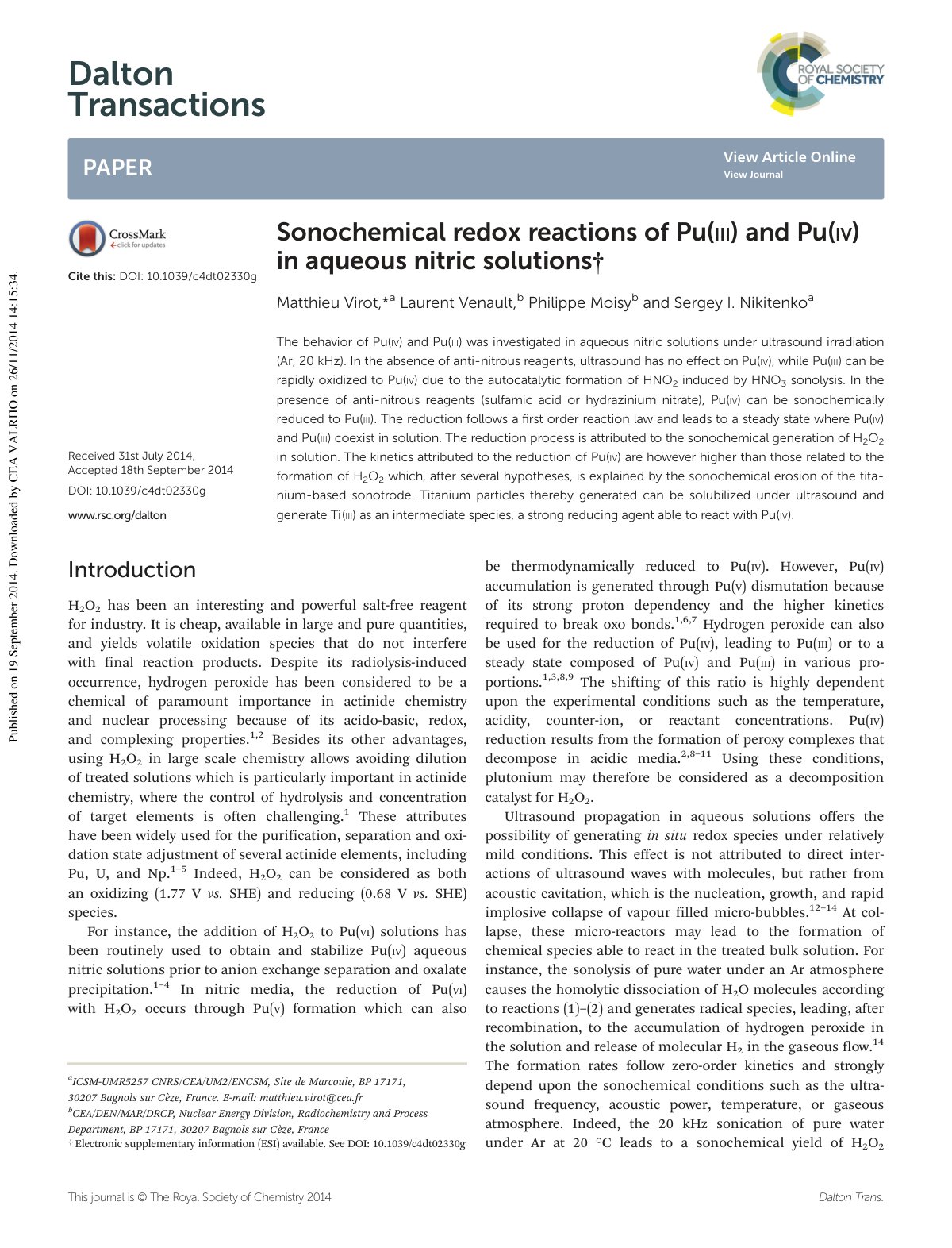 First page of Sonochemical redox reactions of Pu(III) and Pu(IV) in aqueous nitric solutions