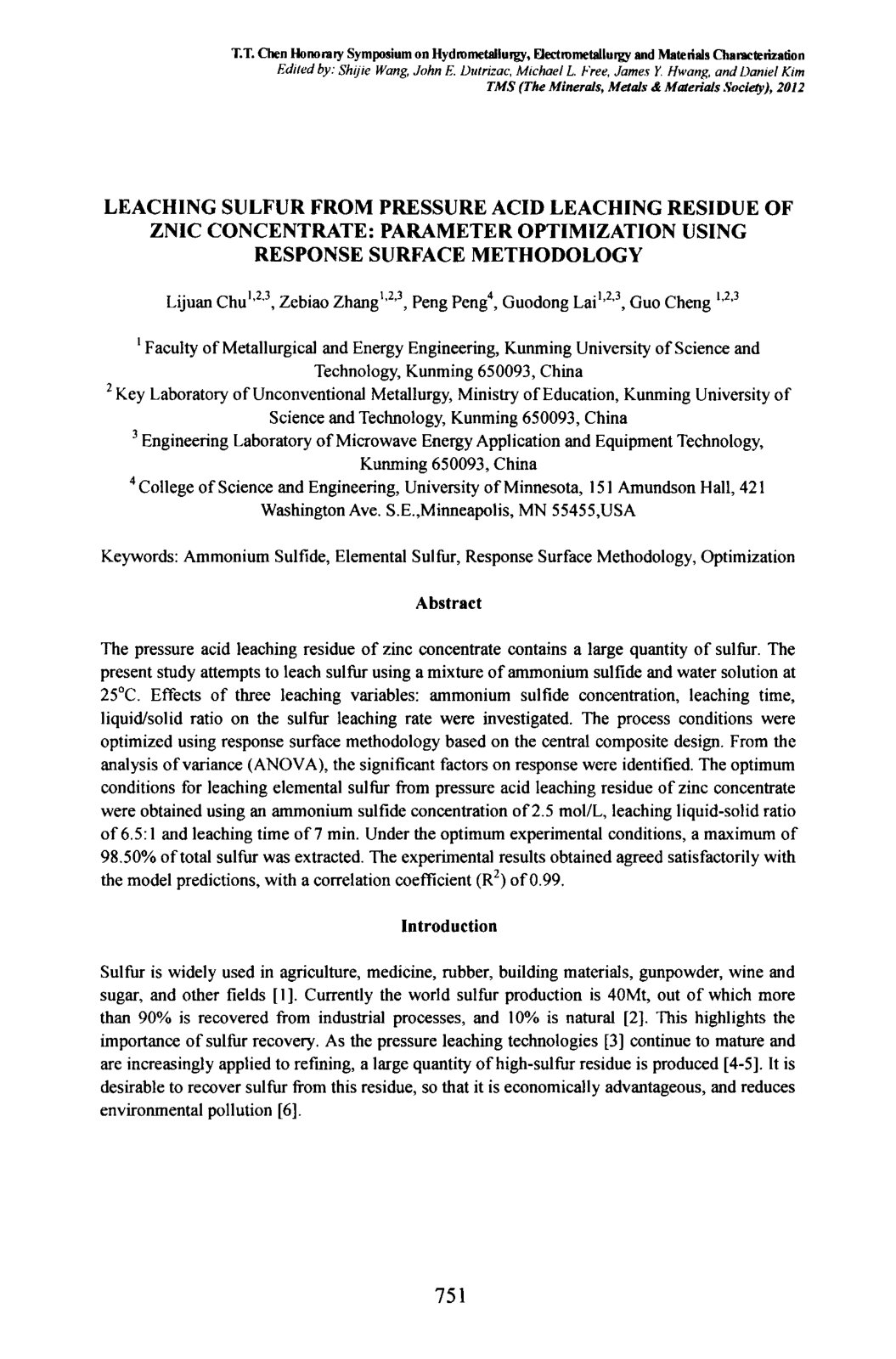 First page of Leaching sulfur from pressure acid leaching residue of zinc concentrate: parameter optimization using response surface methodology