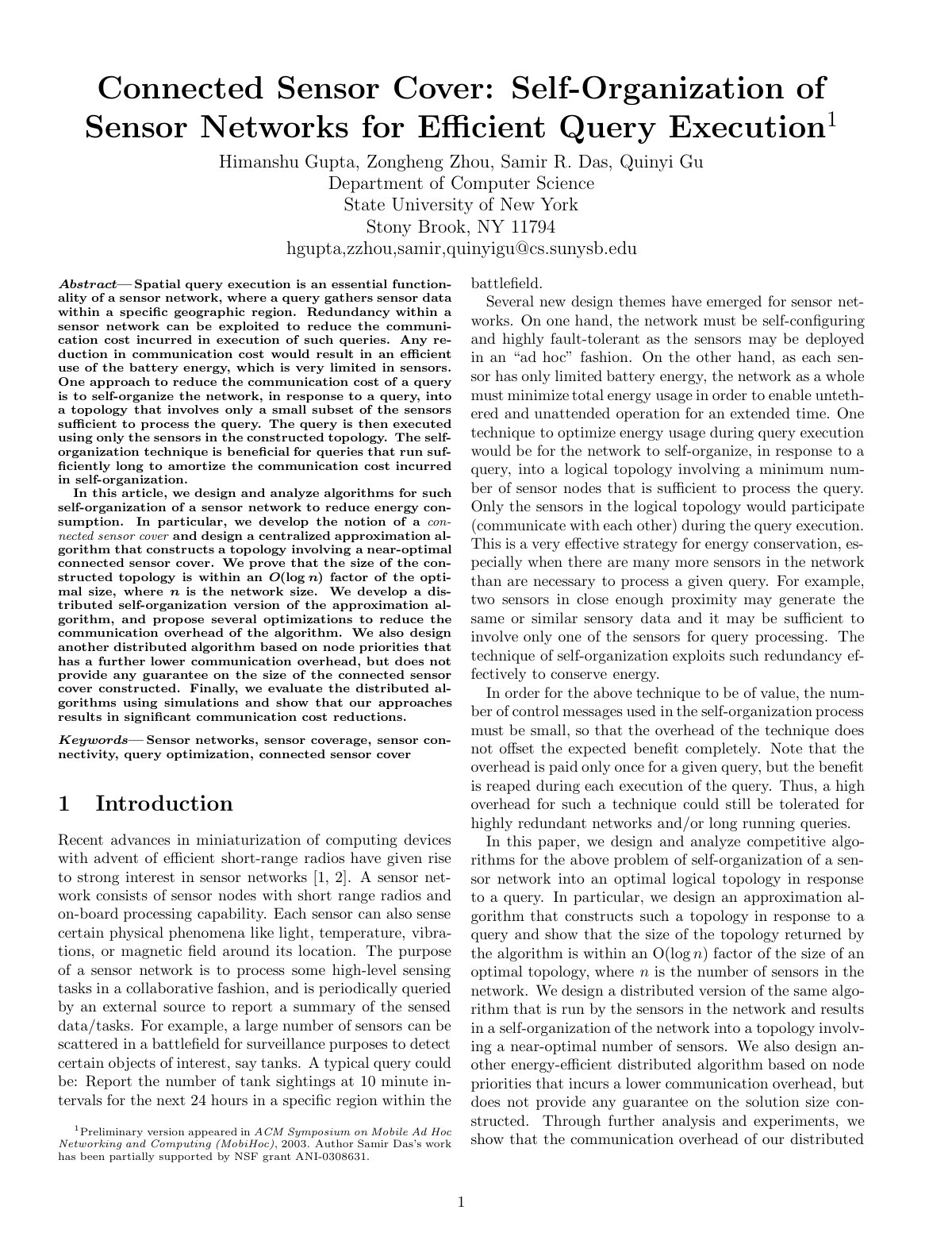 First page of Connected sensor cover self organization