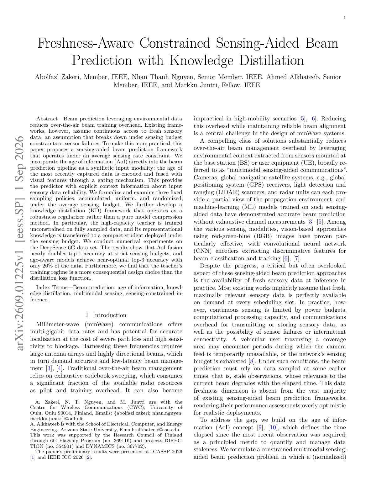 First page of Freshness-Aware Constrained Sensing-Aided Beam Prediction with Knowledge Distillation