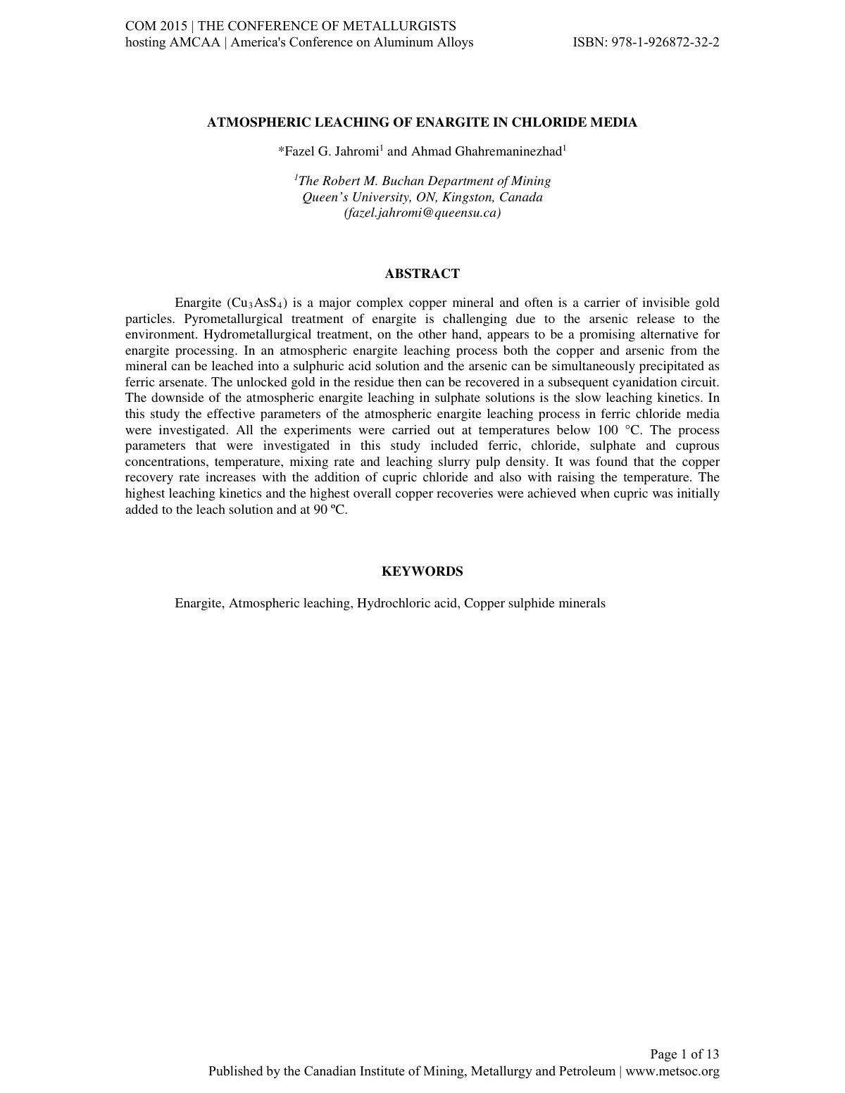 First page of ATMOSPHERIC LEACHING OF ENARGITE IN CHLORIDE MEDIA