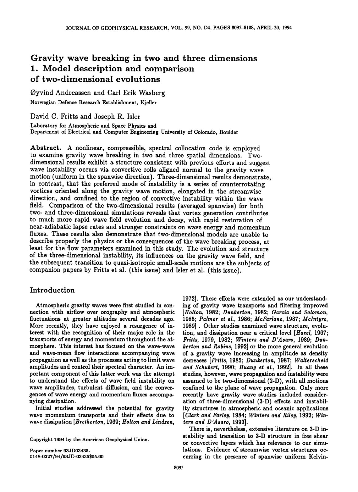 First page of Gravity wave breaking in two and three dimensions 1. Model description and comparison of two-dimensional evolutions