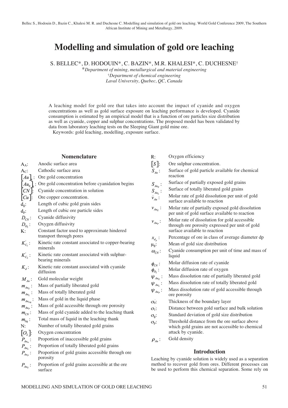 First page of Modelling and simulation of gold ore lea