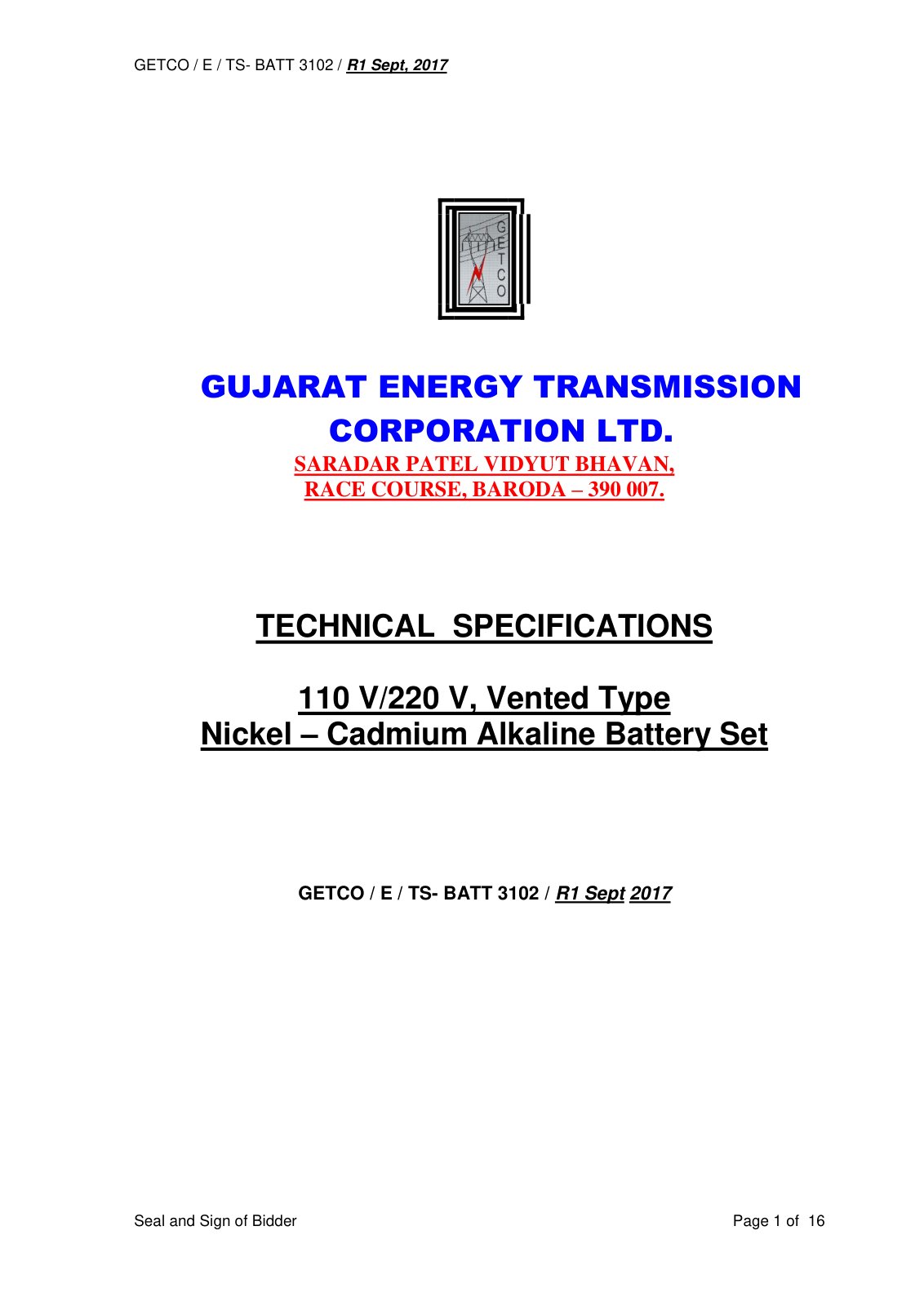 First page of 10. Specification of Battery sets   110 220V NiCad Battery Set R1 Sept   2017