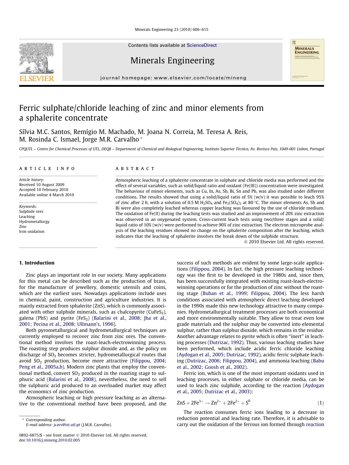 First page of Ferric sulphate/chloride leaching of zinc and minor elements from a sphalerite concentrate