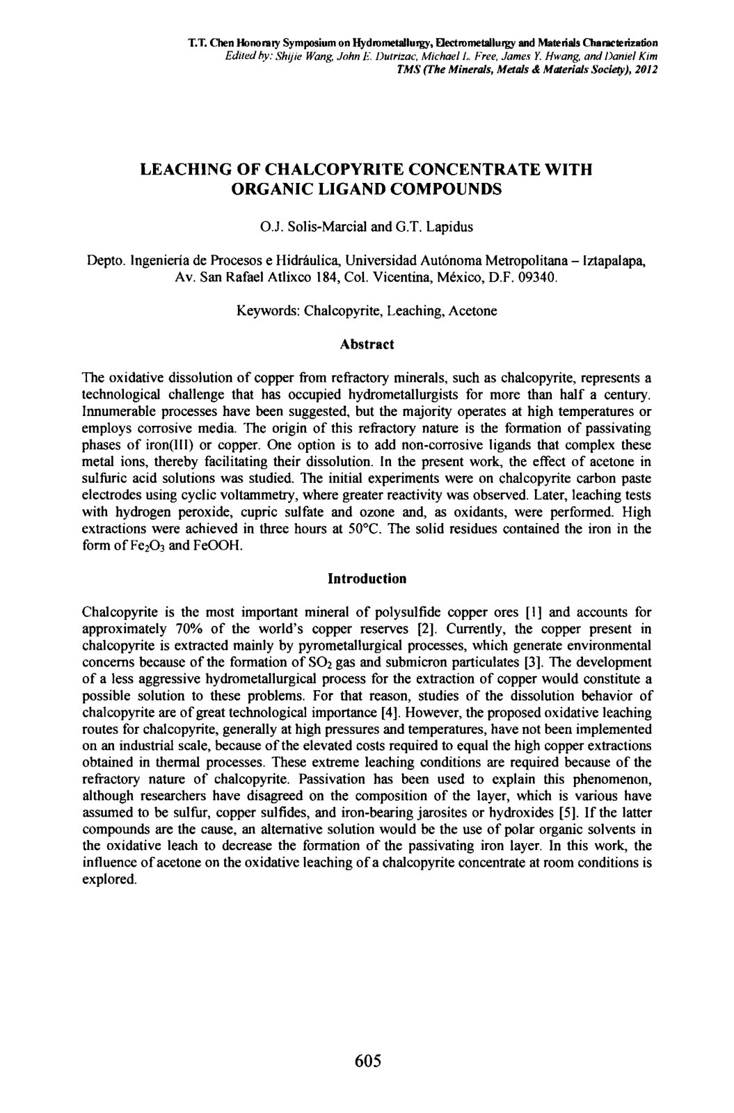First page of Leaching of Chalcopyrite Concentrate with Organic Ligand Compounds