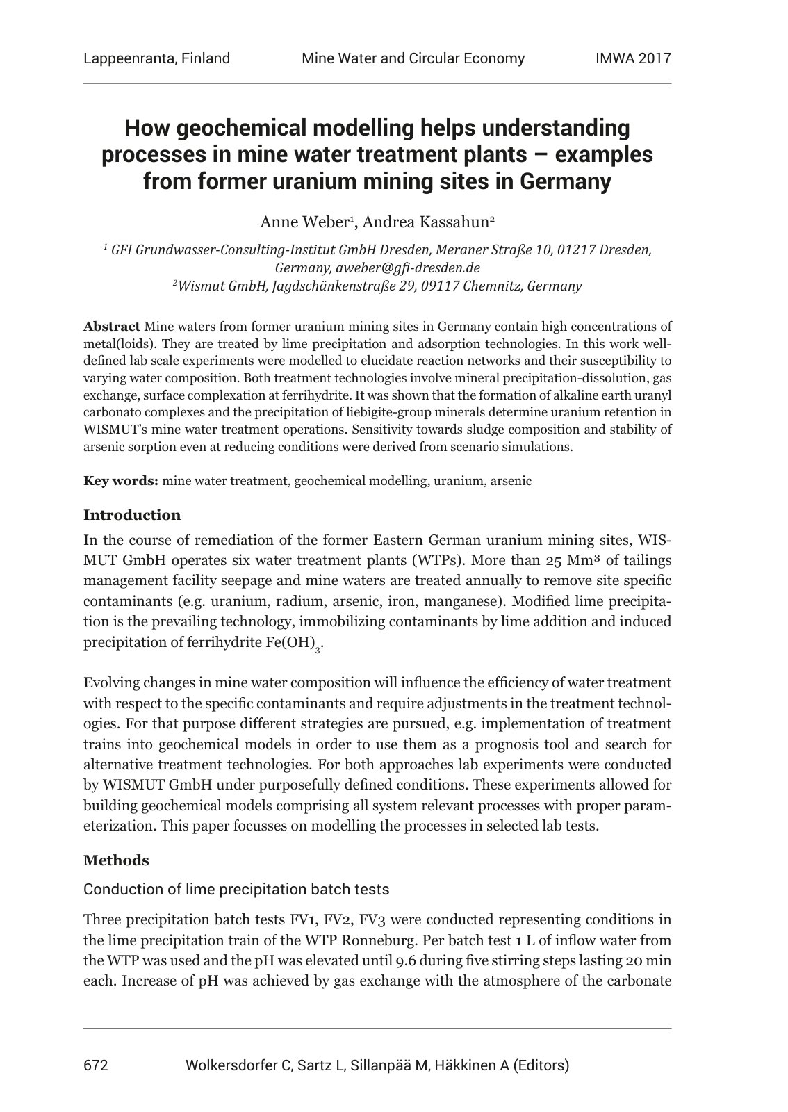 First page of How geochemical modelling helps understanding processes in mine water treatment plants – examples from former uranium mining sites in Germany