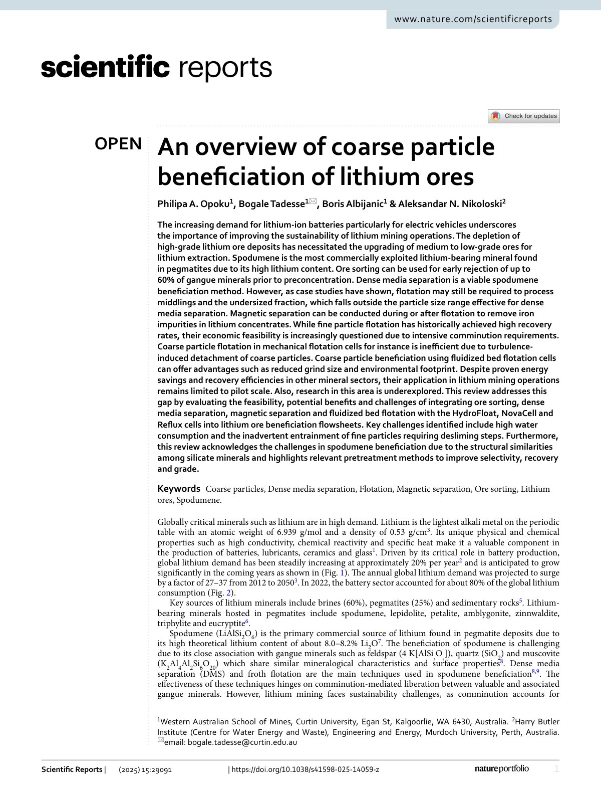 First page of An overview of coarse particle beneficiation of lithium ores