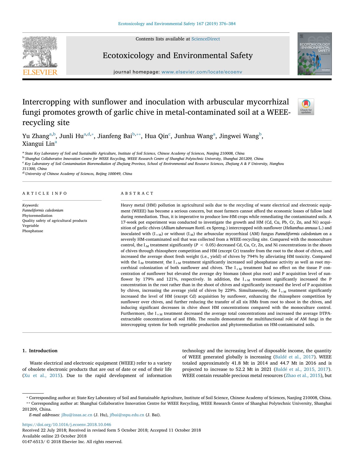 First page of Intercropping with sunflower and inoculation with arbuscu 2019 Ecotoxicology