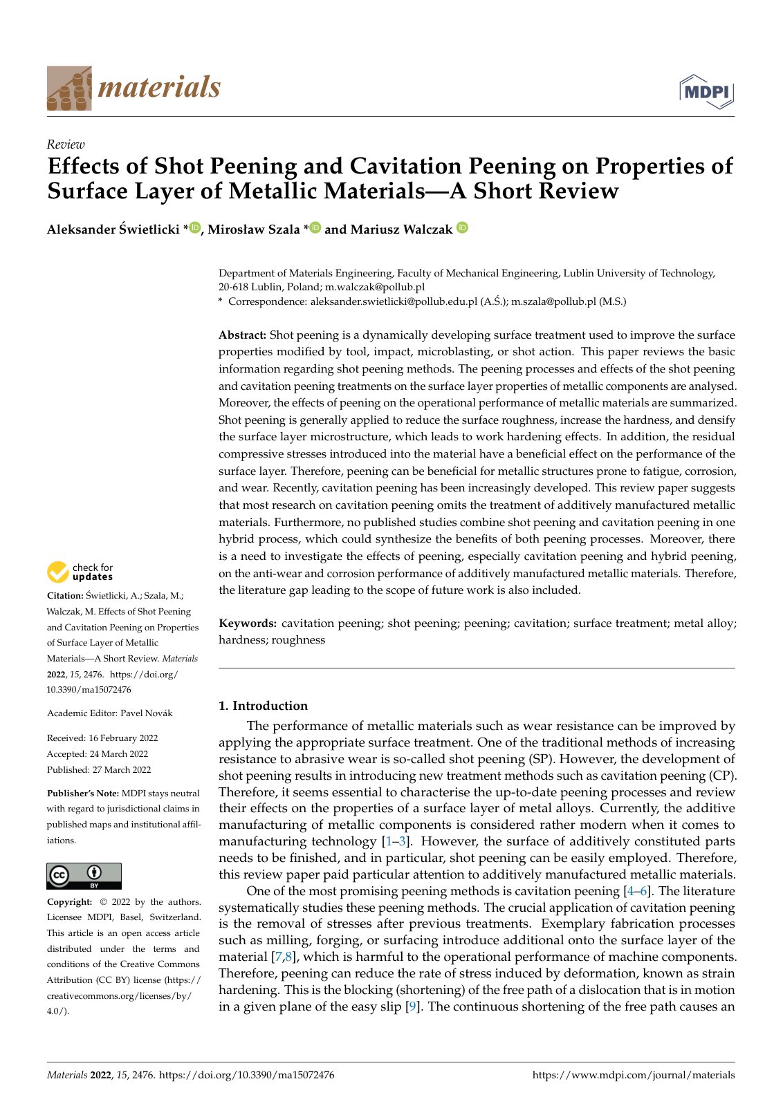First page of Effects of Shot Peening and Cavitation Peening on Properties of Surface Layer of Metallic Materials—A Short Review
