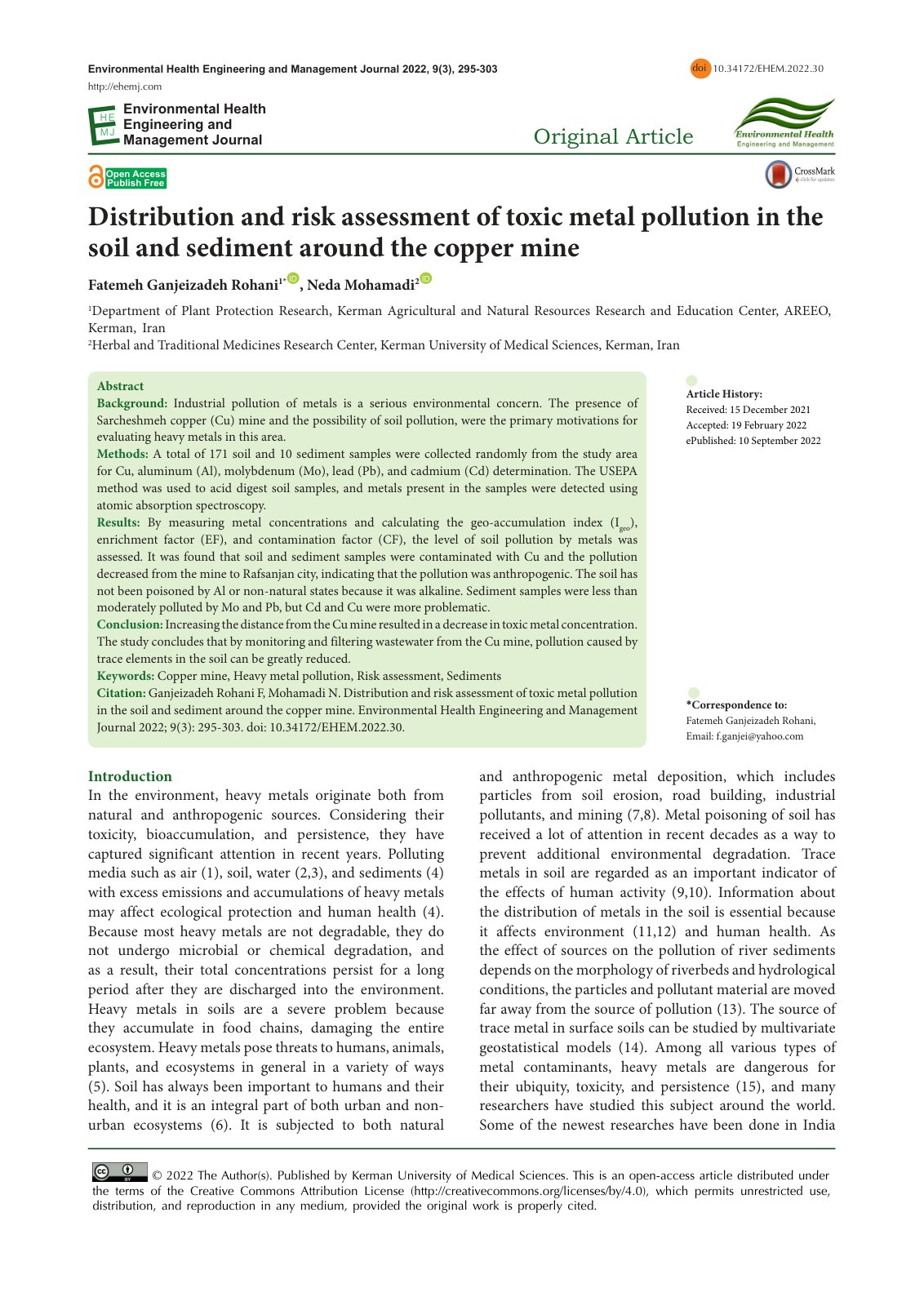First page of Distribution and risk assessment of toxic metal pollution in the soil and sediment around the copper mine