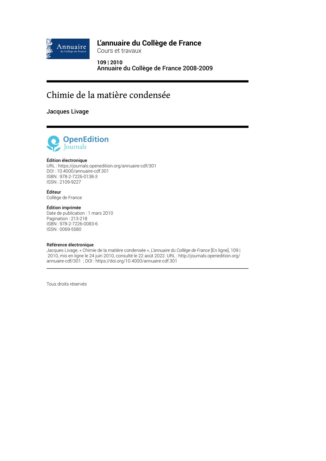 First page of Chimie de la matiere condensee