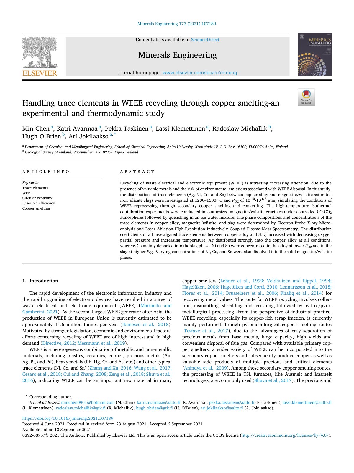 First page of Handling trace elements in WEEE recycling through copper sm 2021 Minerals En
