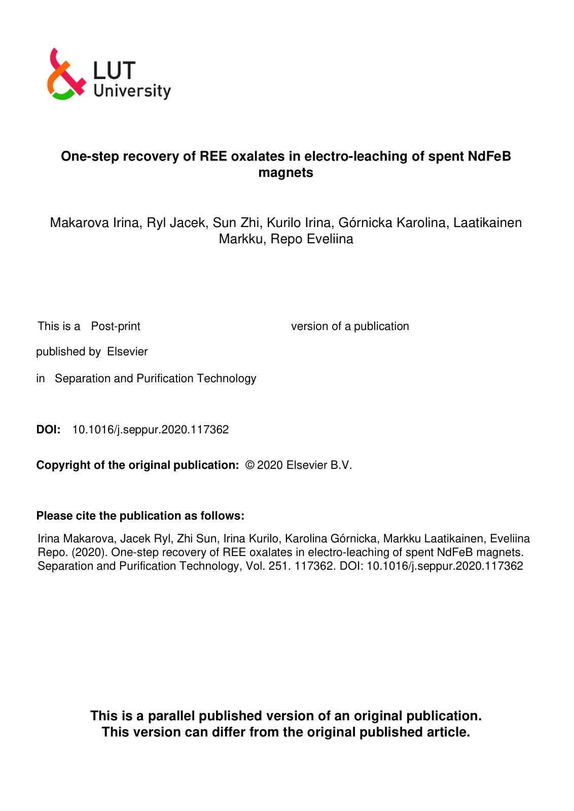 First page of One step recovery of REE oxalates in ele