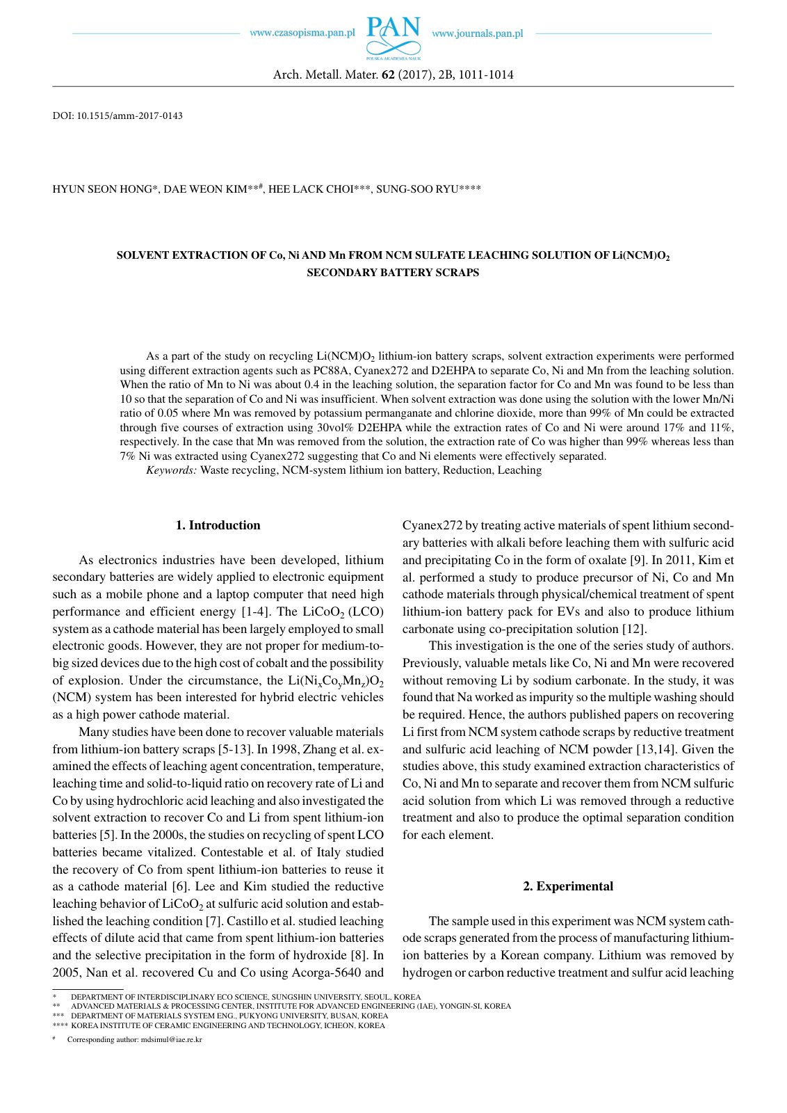 First page of Solvent Extraction of Co Ni and Mn from